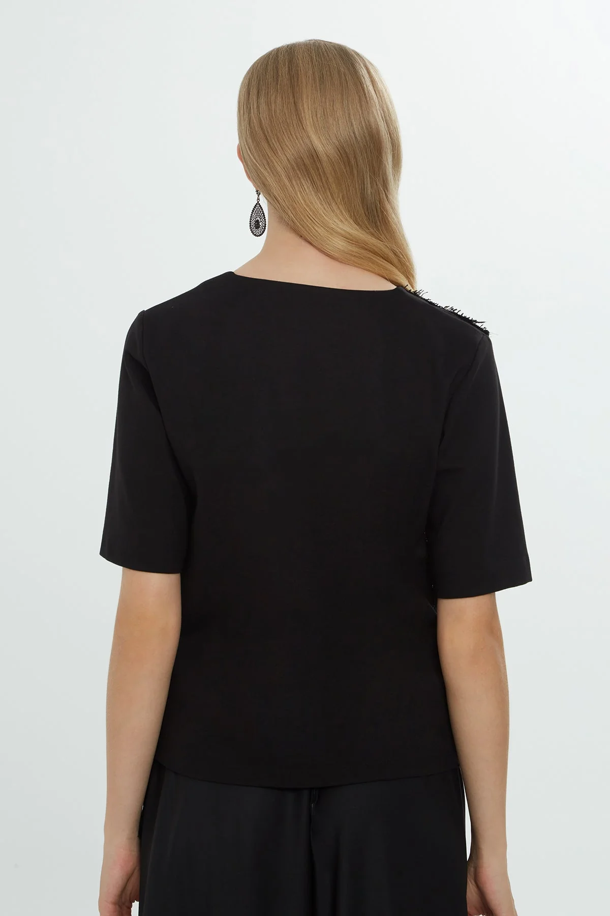 Black Organza Panel V-Neck Blouse - Image 4