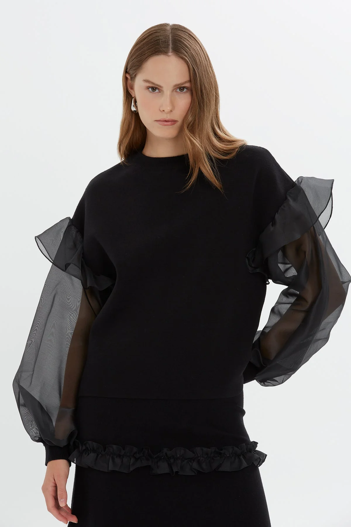 Black Organza Sleeve Knit Blouse - Image 2