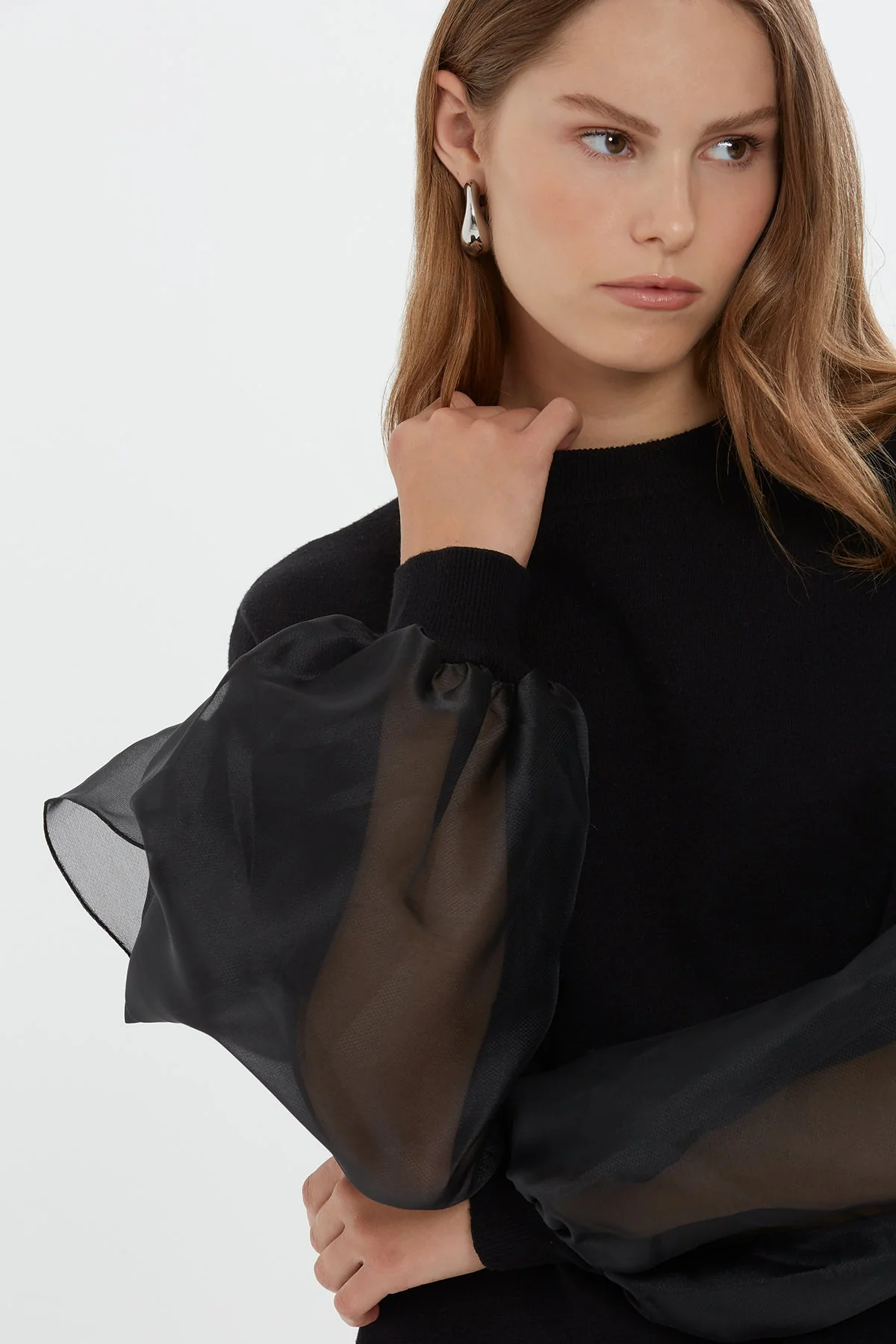 Black Organza Sleeve Knit Blouse - Image 4