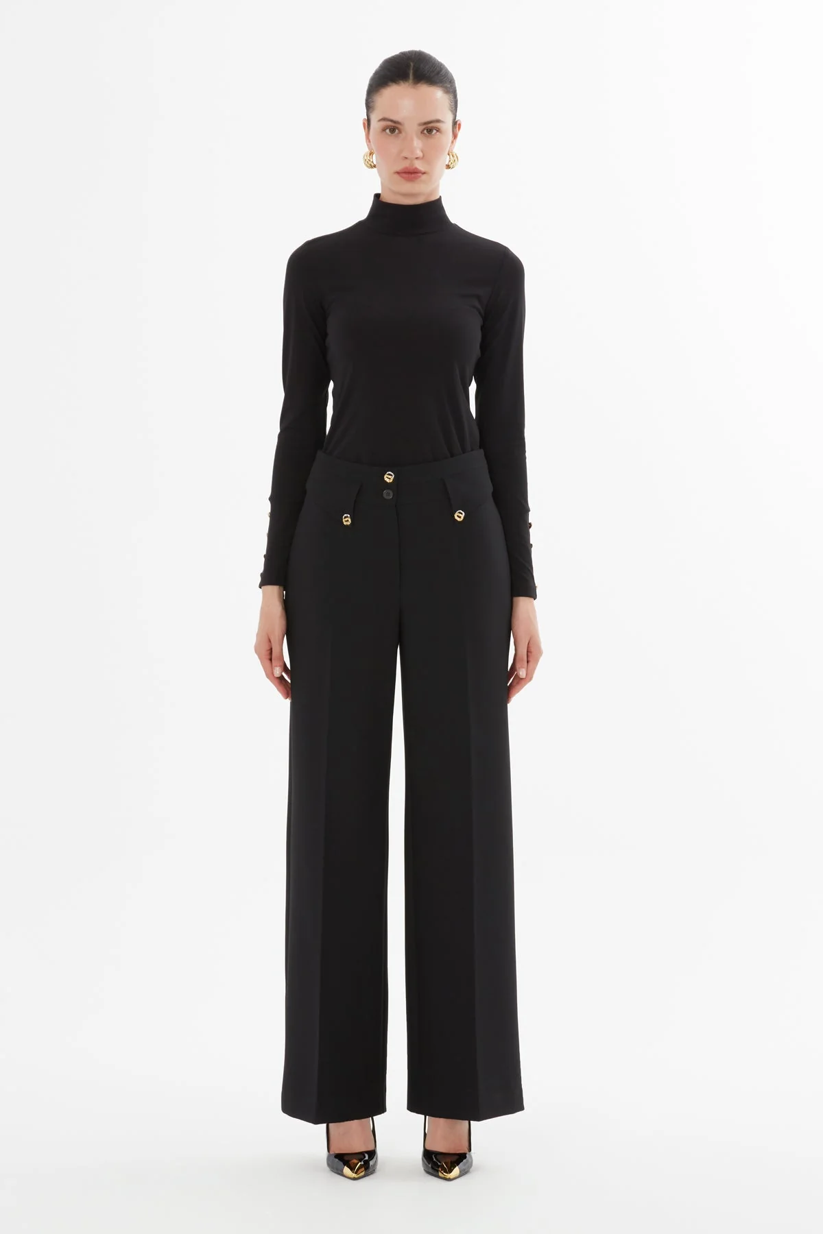 Black Palazzo Pants with Button Detail