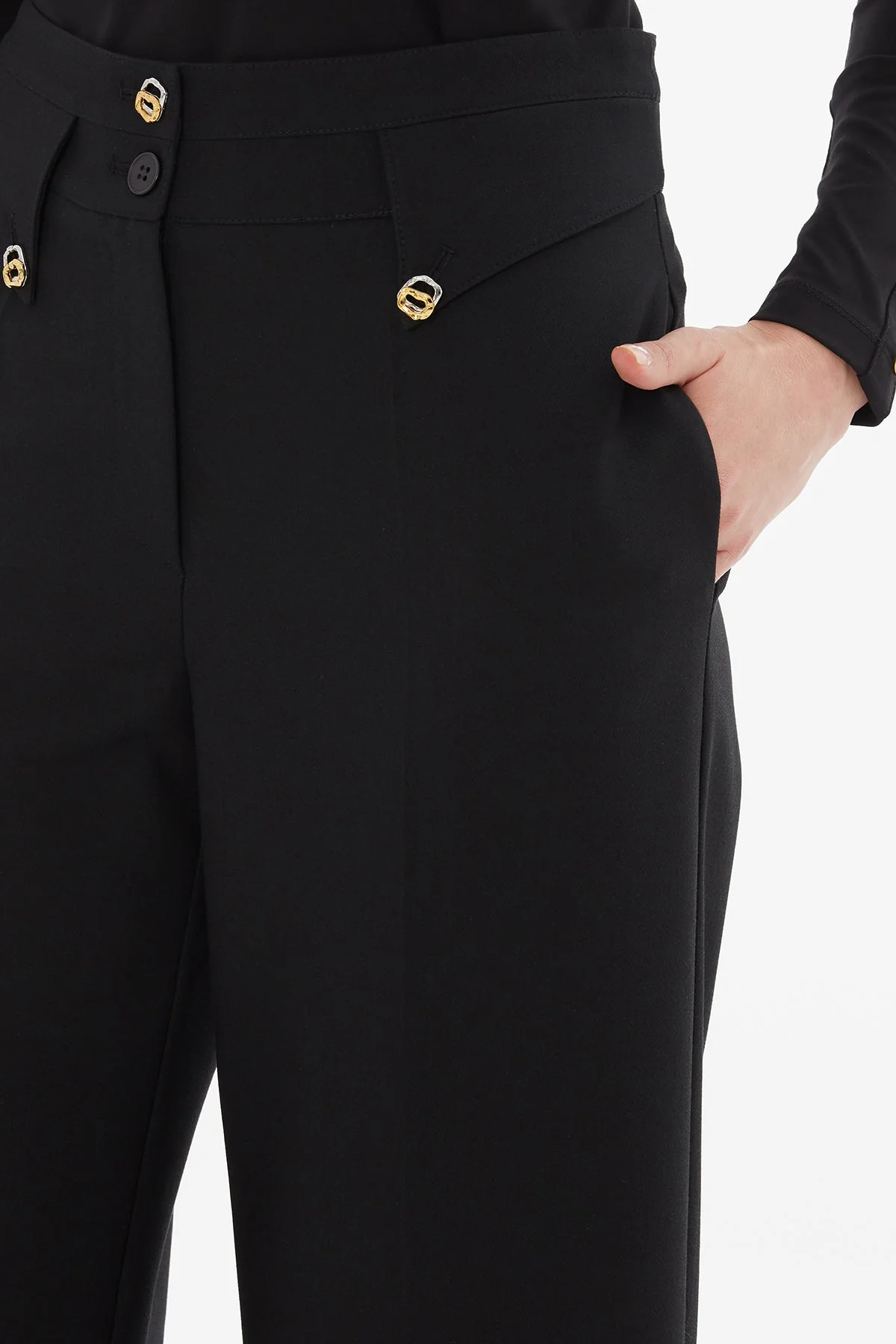 Black Palazzo Pants with Button Detail - Image 2