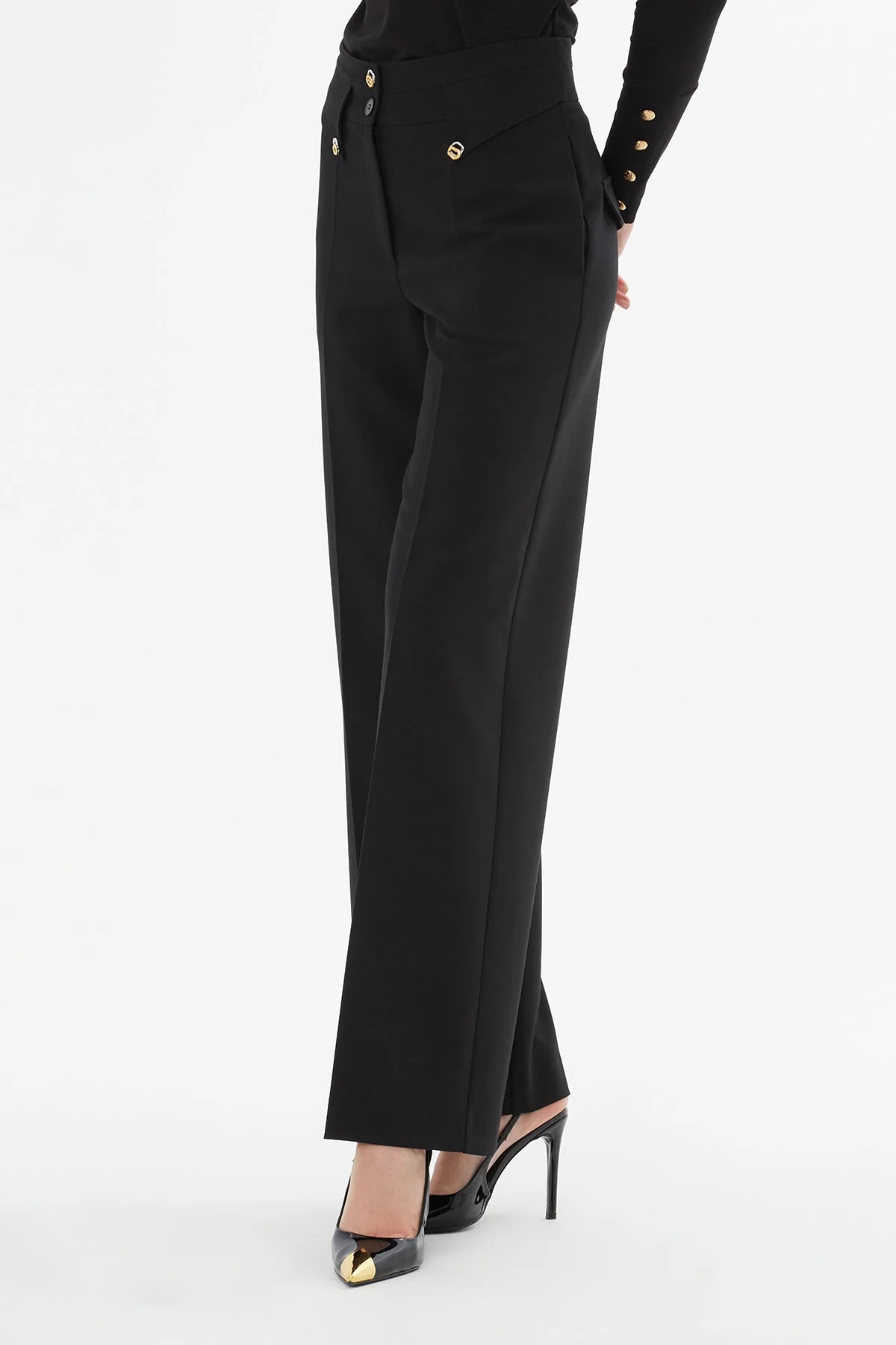 Black Palazzo Pants with Button Detail - Image 3