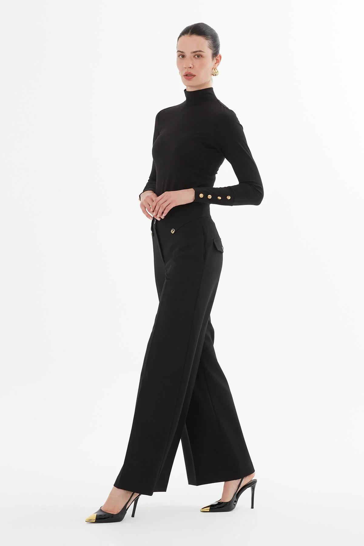 Black Palazzo Pants with Button Detail - Image 4