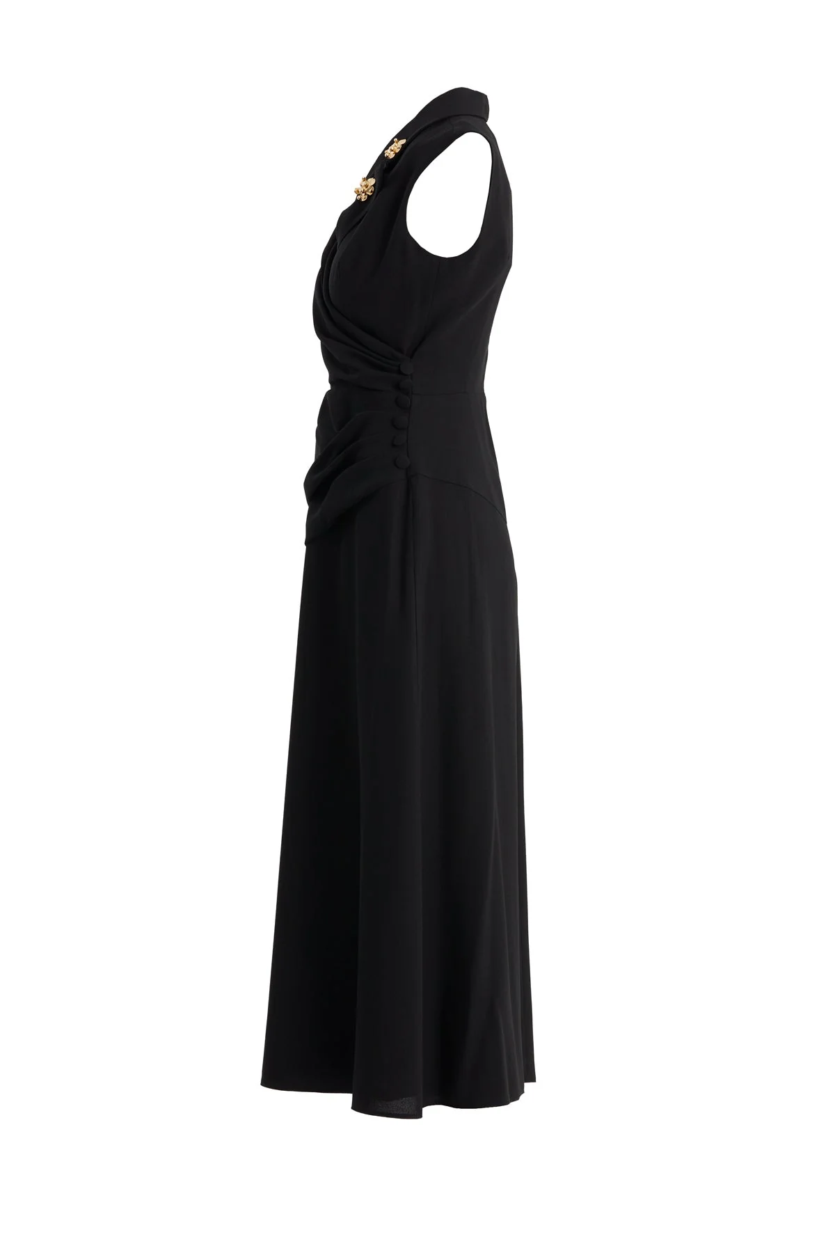 Black Pleated Waist Brooch Detail Midi Dress - Image 2
