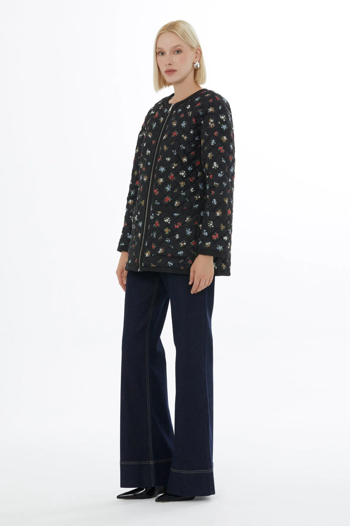 Black Quilted Coat with Floral Pattern - Image 2