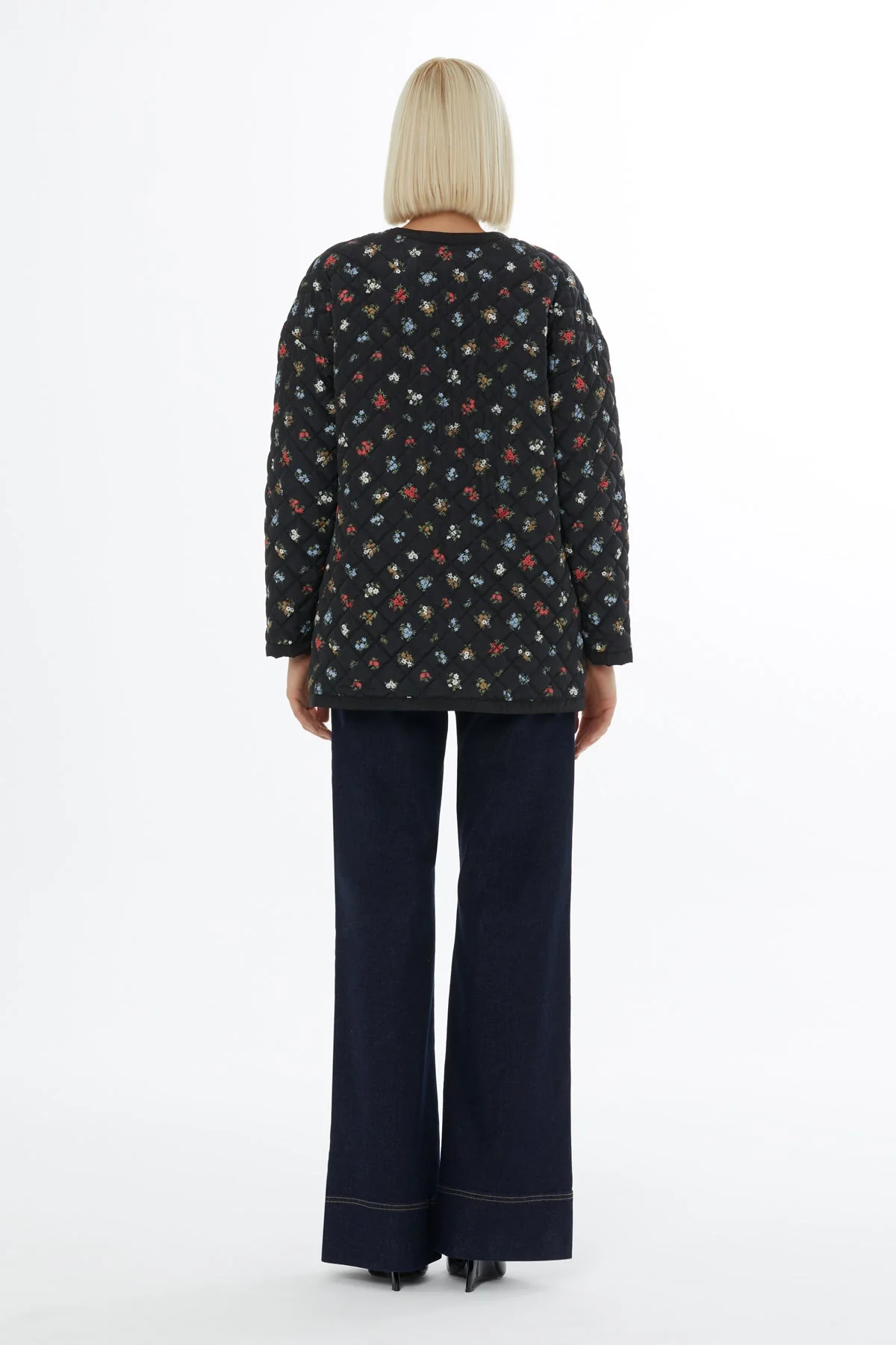 Black Quilted Coat with Floral Pattern - Image 4