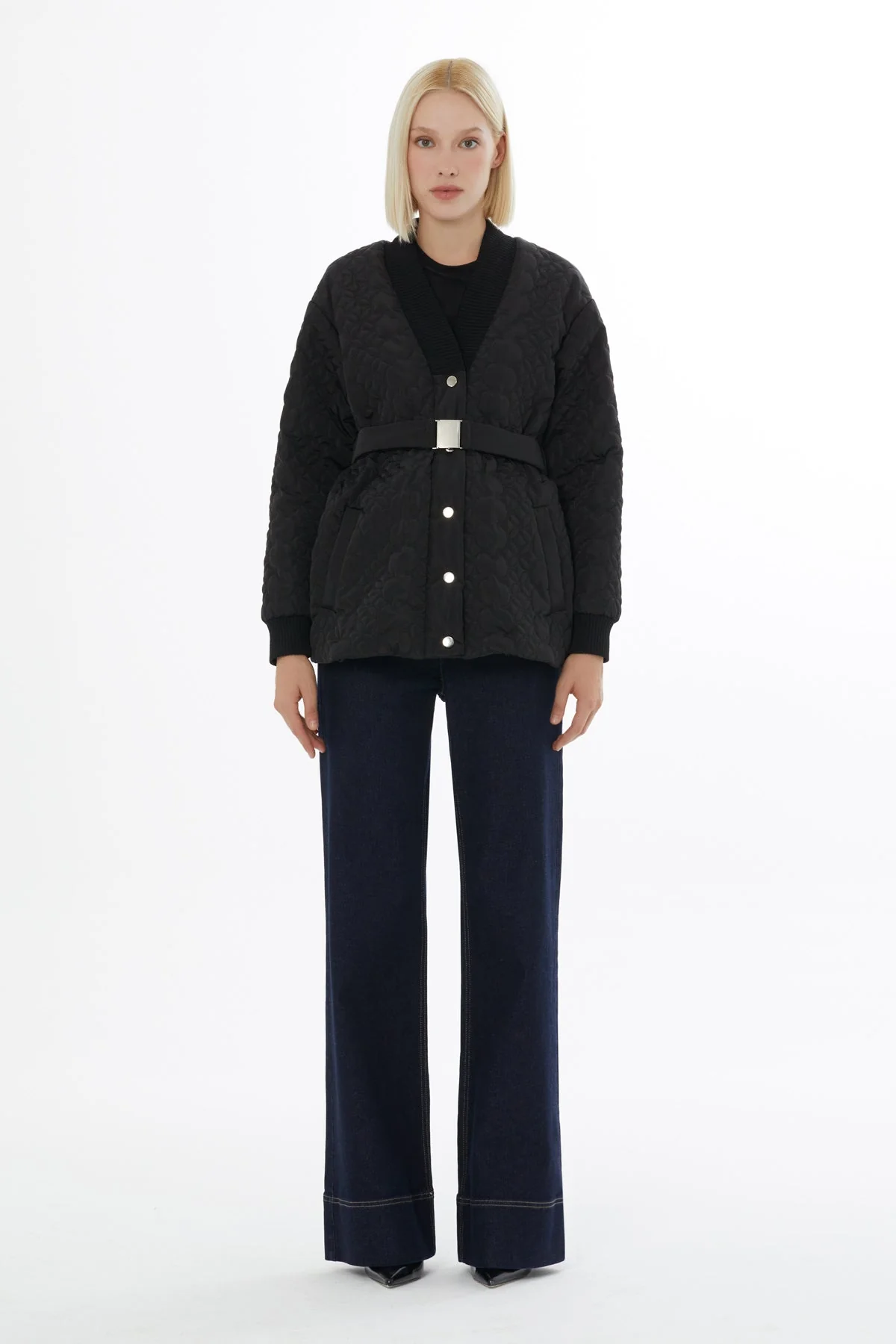 Black Quilted Jacket with Belt