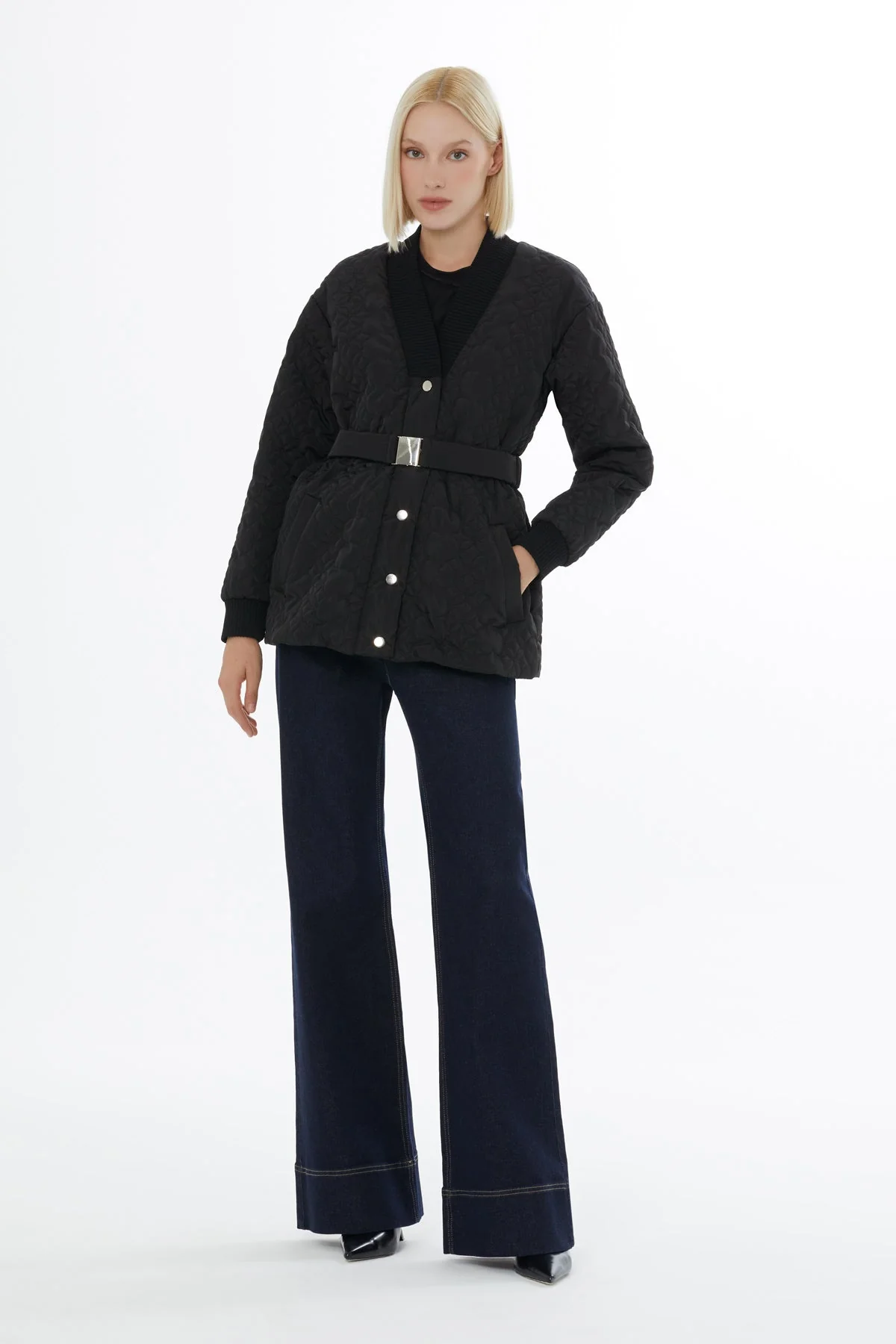 Black Quilted Jacket with Belt - Image 3
