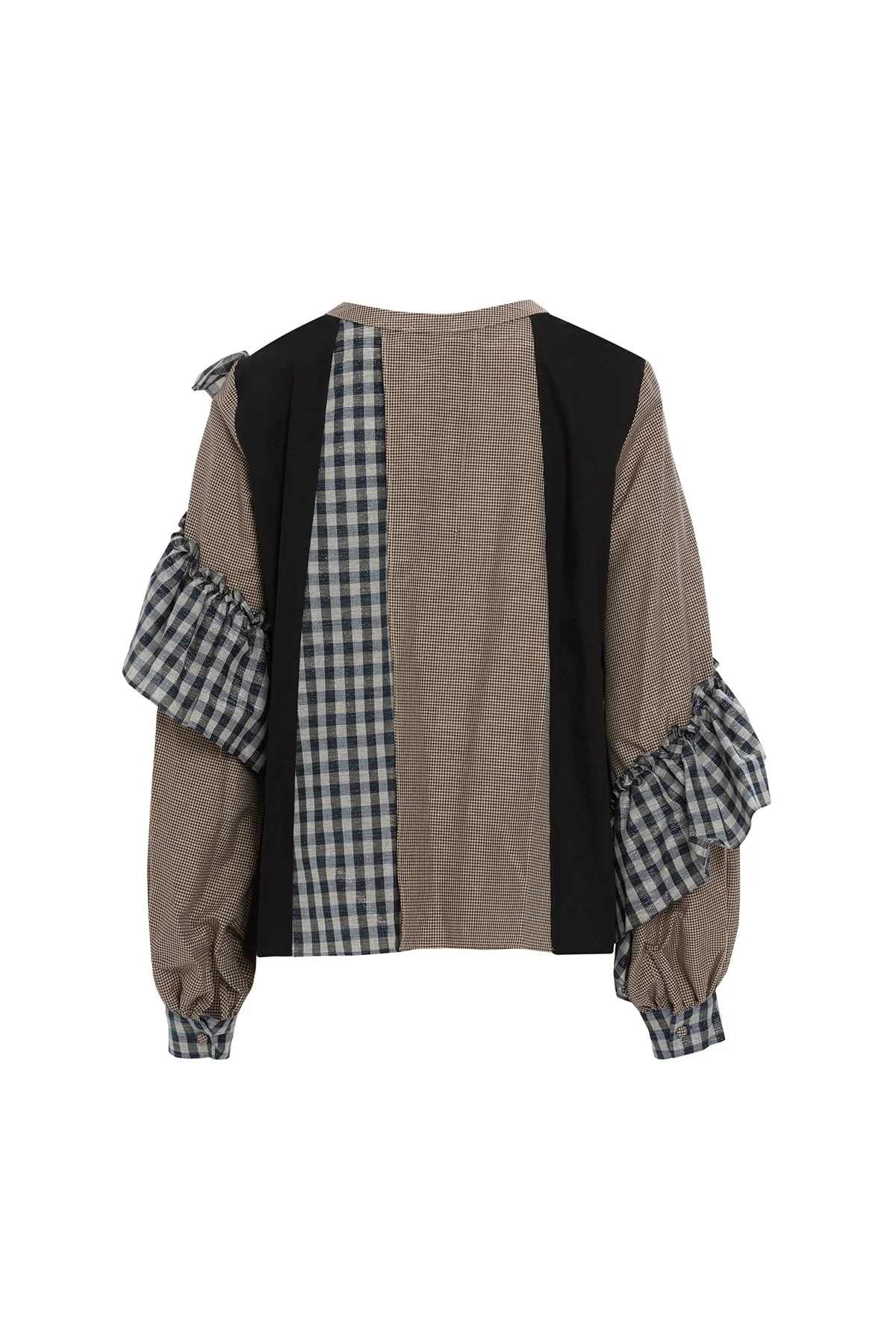 Black Ruffled Checkered Asymmetric Blouse - Image 2