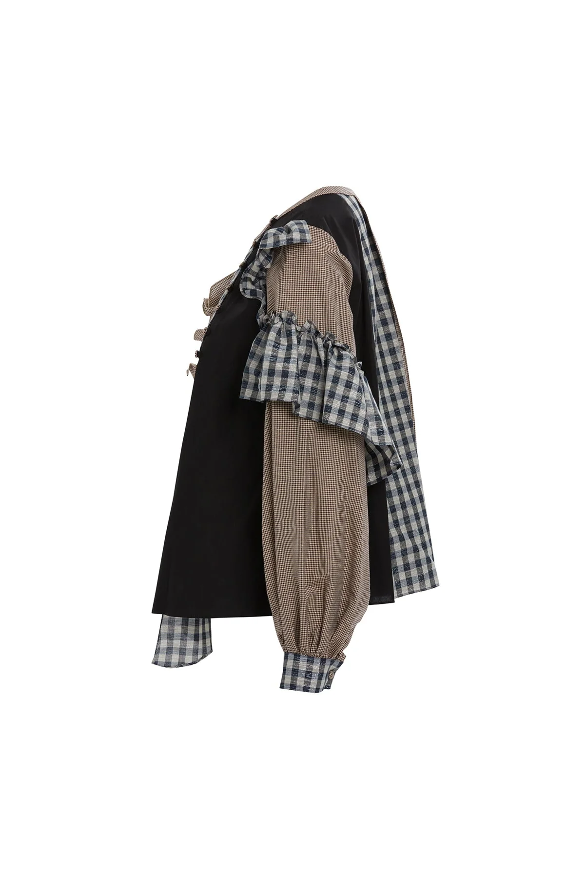 Black Ruffled Checkered Asymmetric Blouse - Image 3