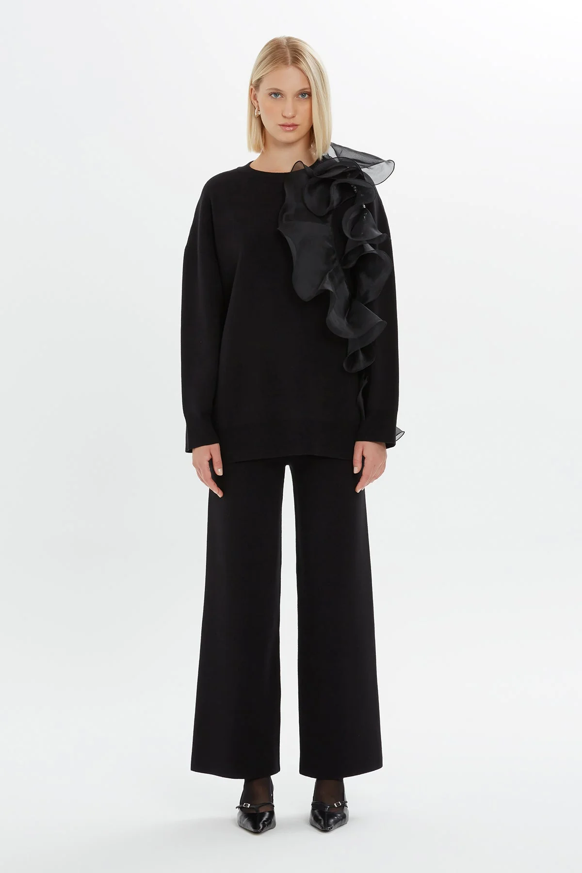 Black Ruffled Organza Sweater - Image 3