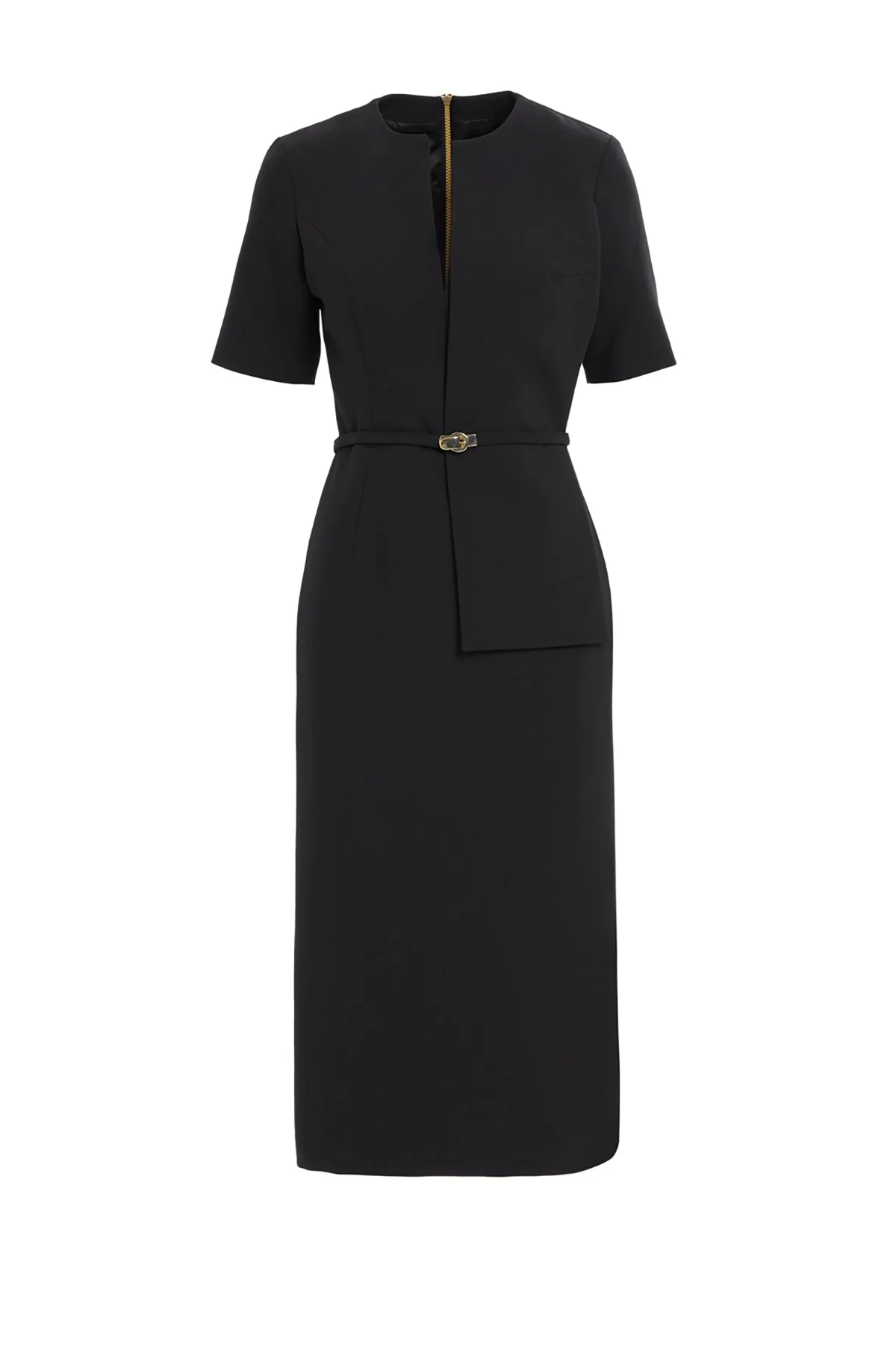 Black Short-Sleeve Belted Midi Dress