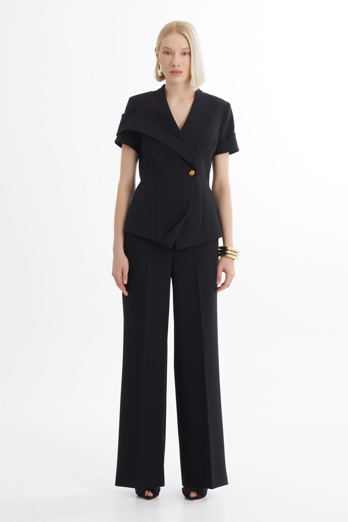 Black Short-Sleeve Blazer Trouser Set