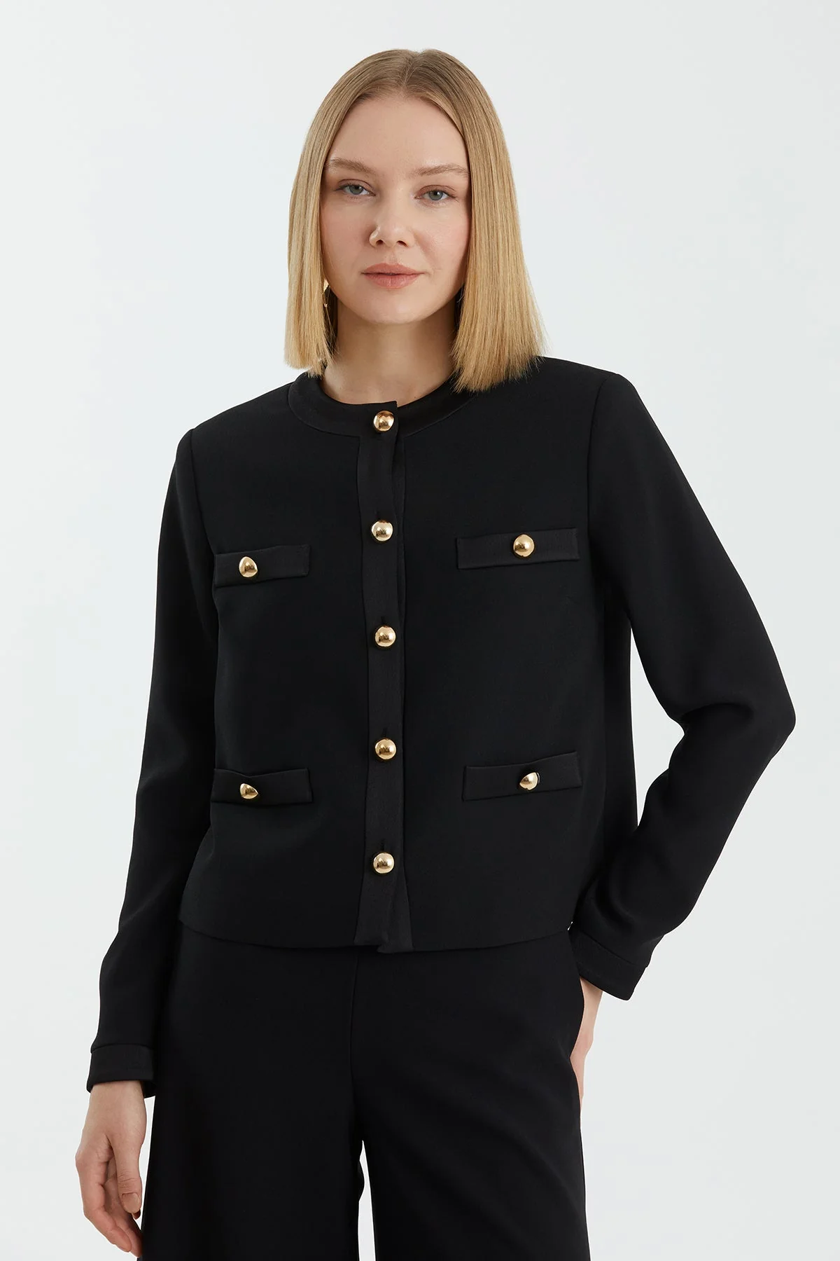 Black Shoulder-Padded Metal Button Blazer - Image 3
