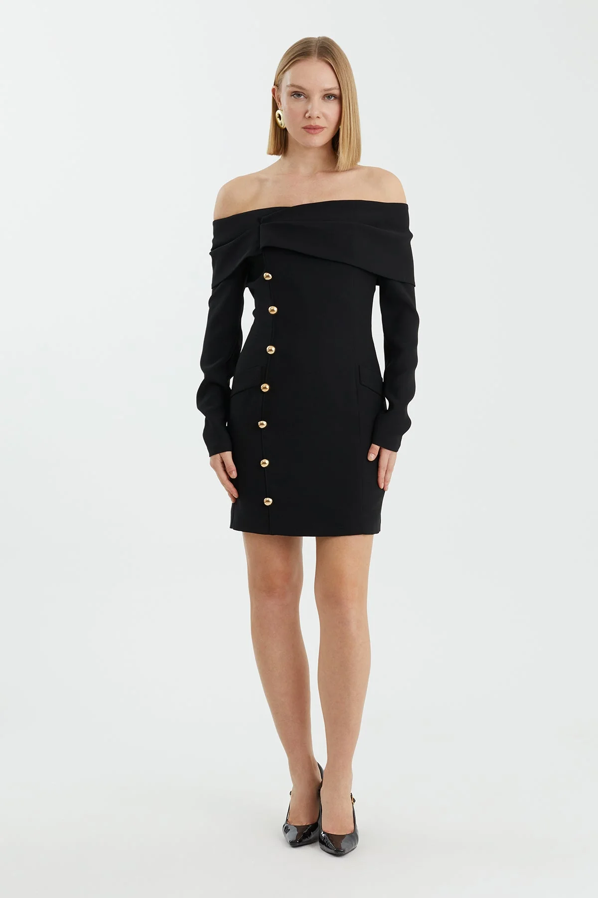Black Strapless Mini Dress with Metal Button Details