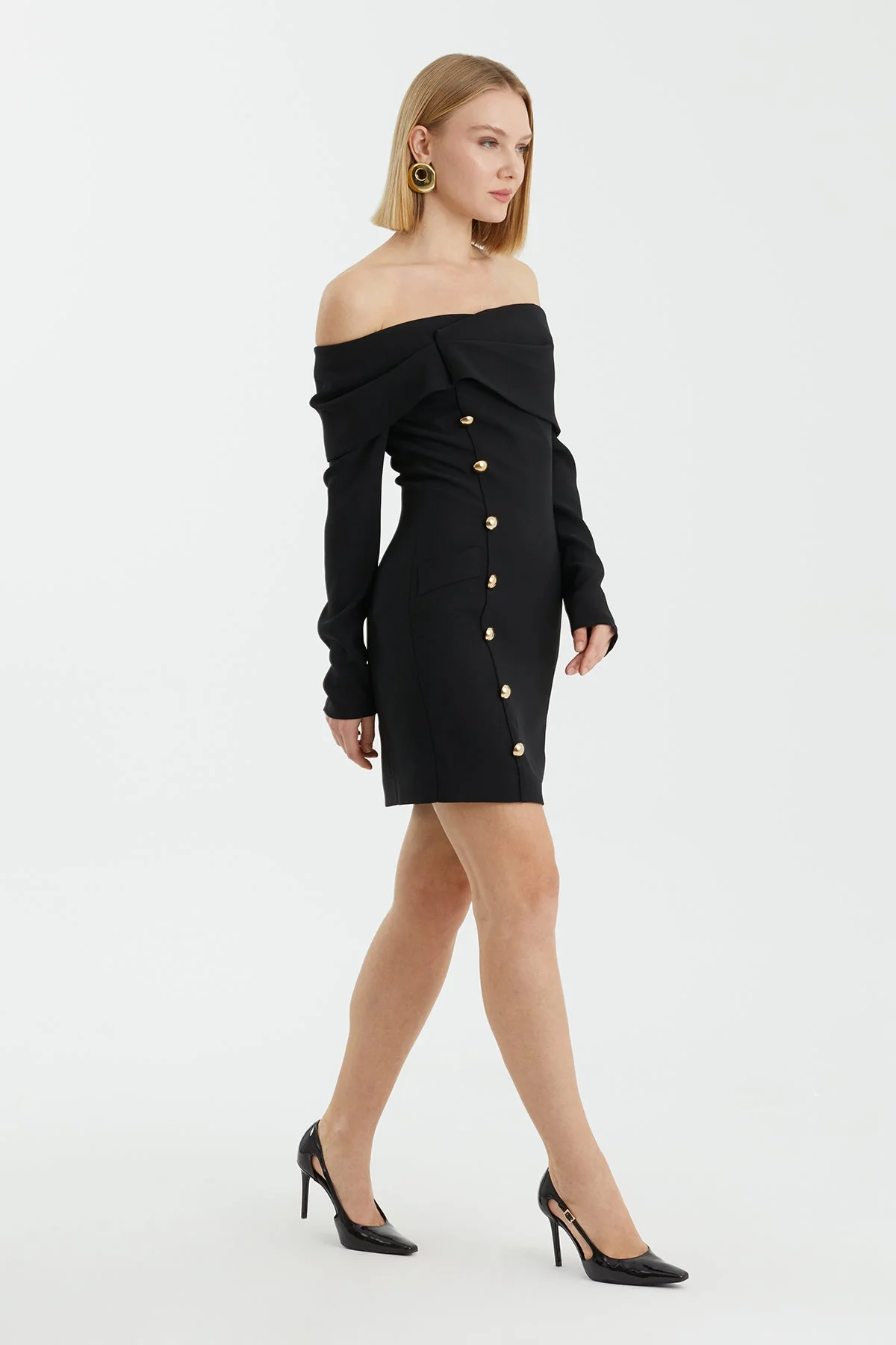 Black Strapless Mini Dress with Metal Button Details - Image 3