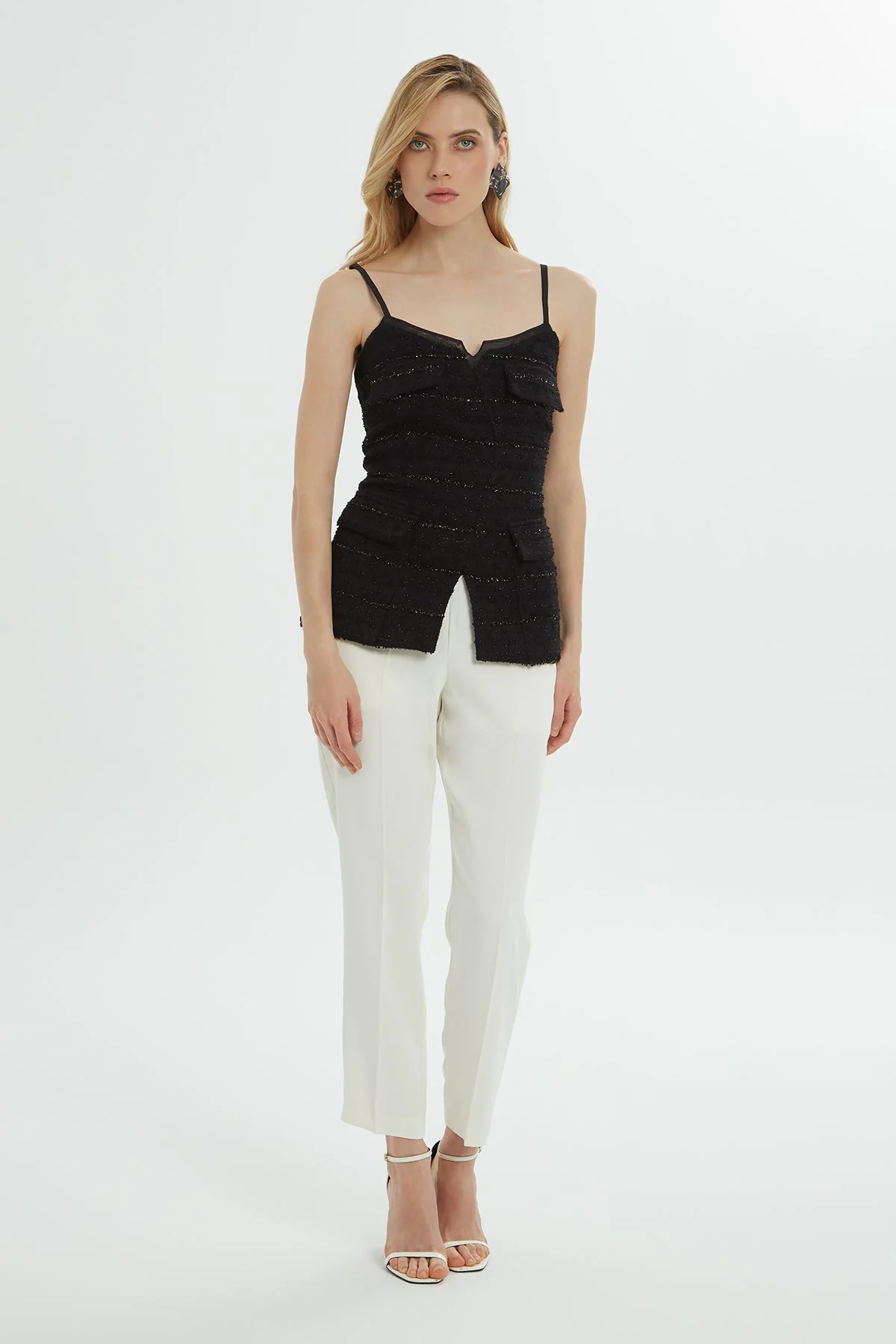 Black Strappy Pocket Blouse