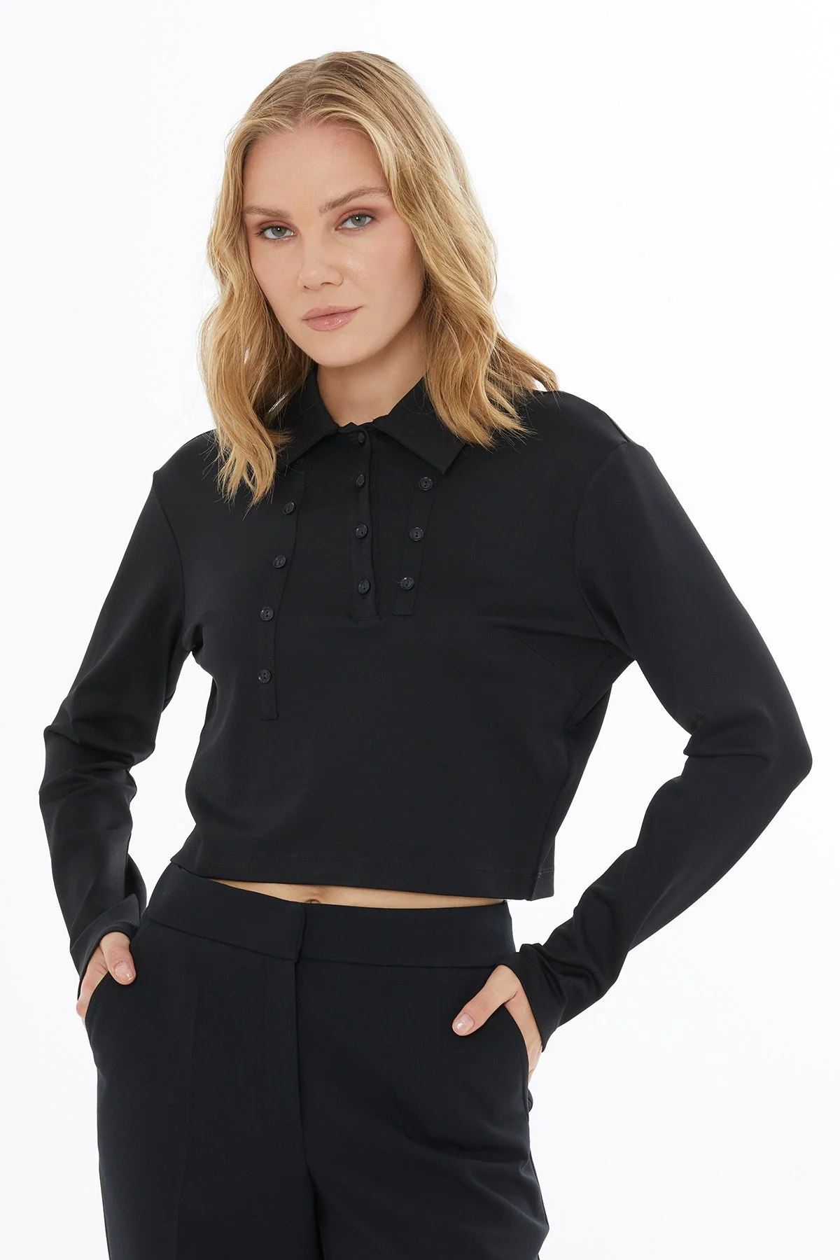 Black T-Shirt with Button Closure - Image 3