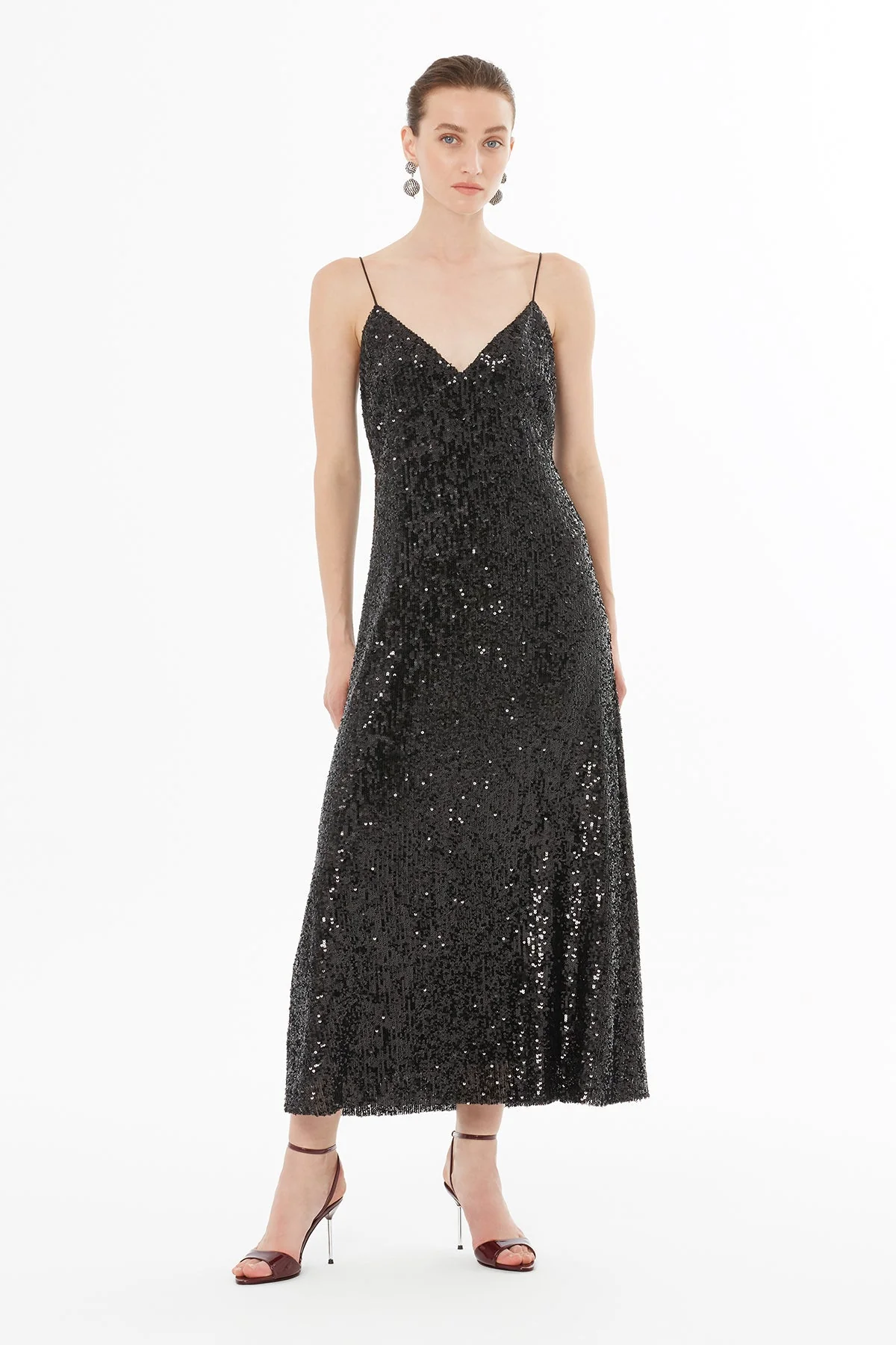 Black Thin-Strap V-Neck Midi Dress