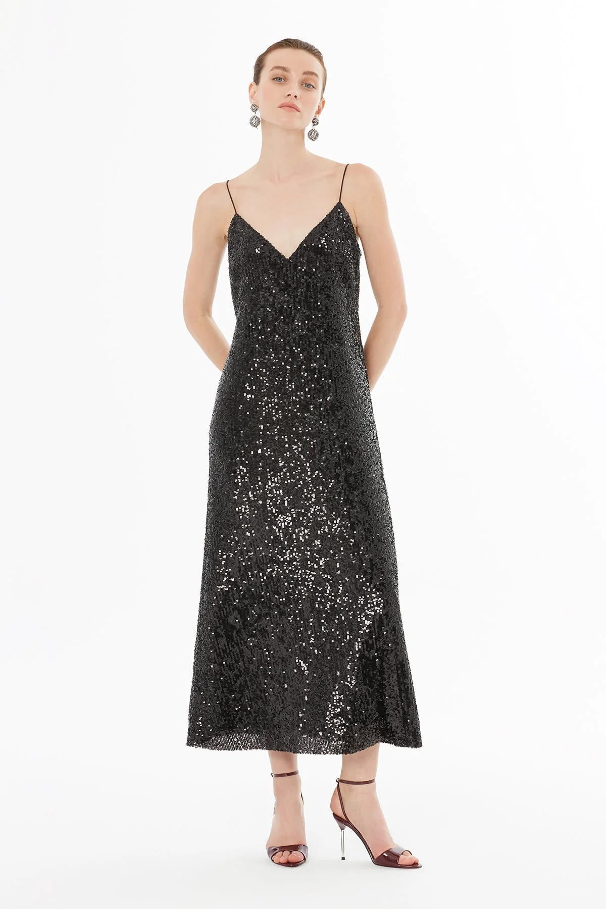 Black Thin-Strap V-Neck Midi Dress - Image 3