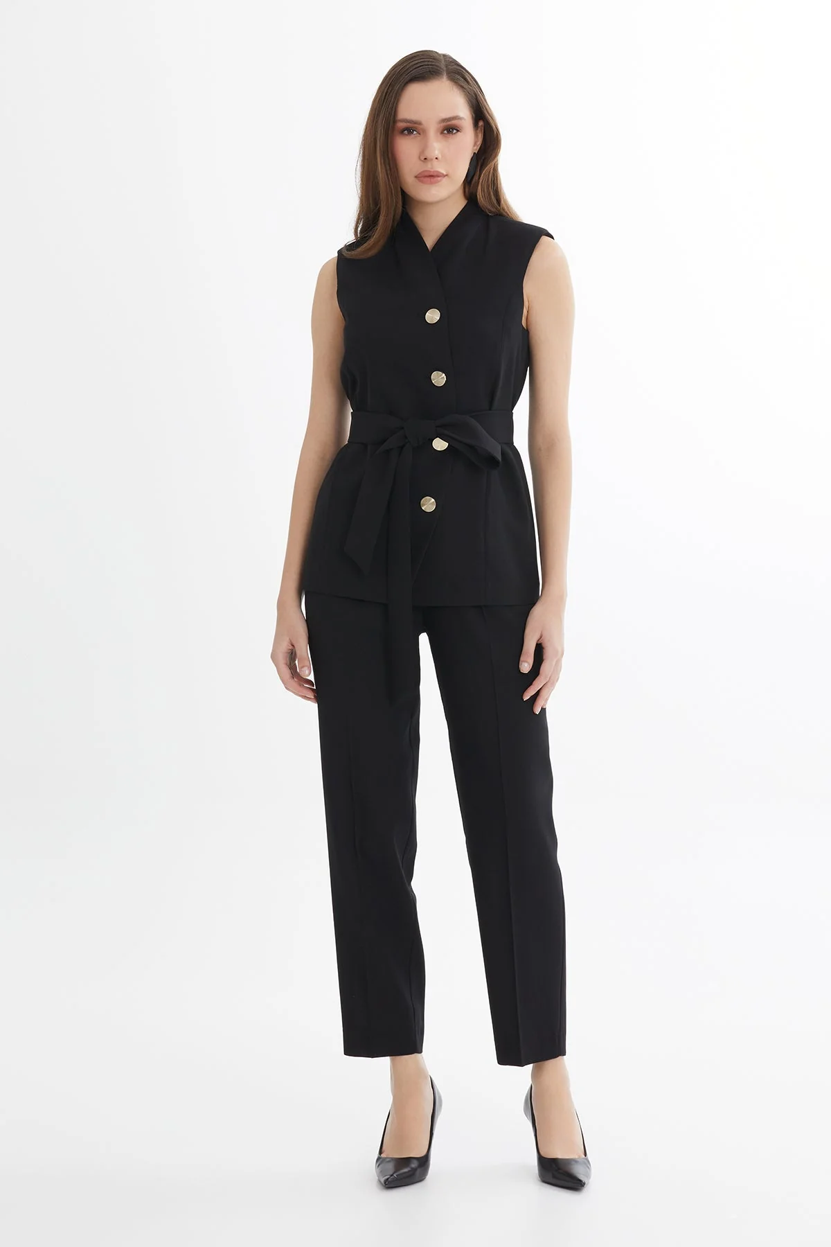 Black Tie Detail Wool-Linen Vest - Image 3