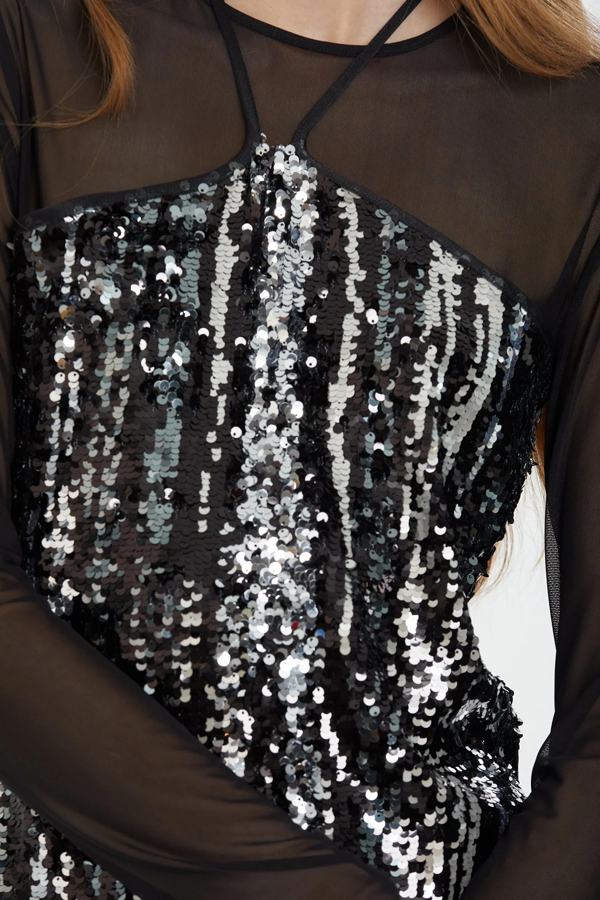 Black Tulle Detail Shimmer Sequin Blouse - Image 2