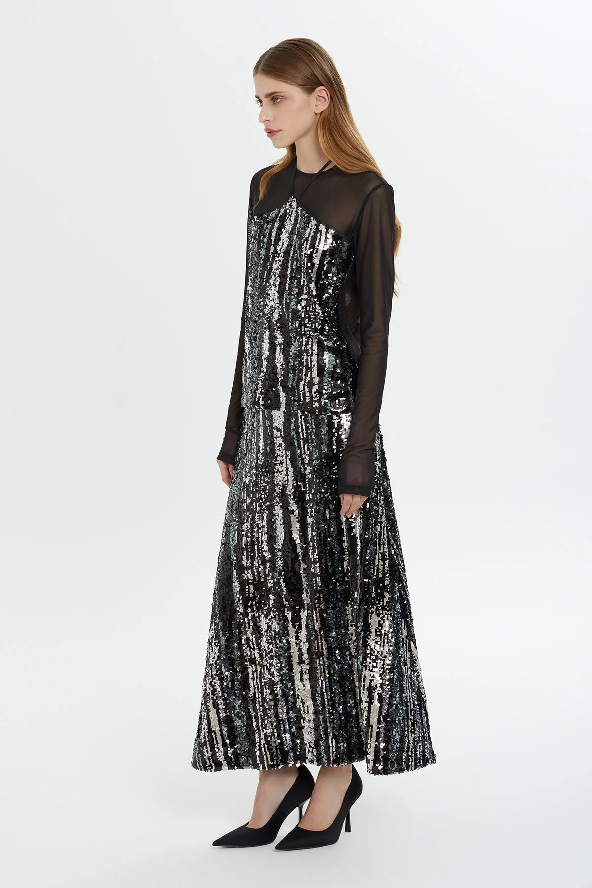 Black Tulle Detail Shimmer Sequin Blouse - Image 5