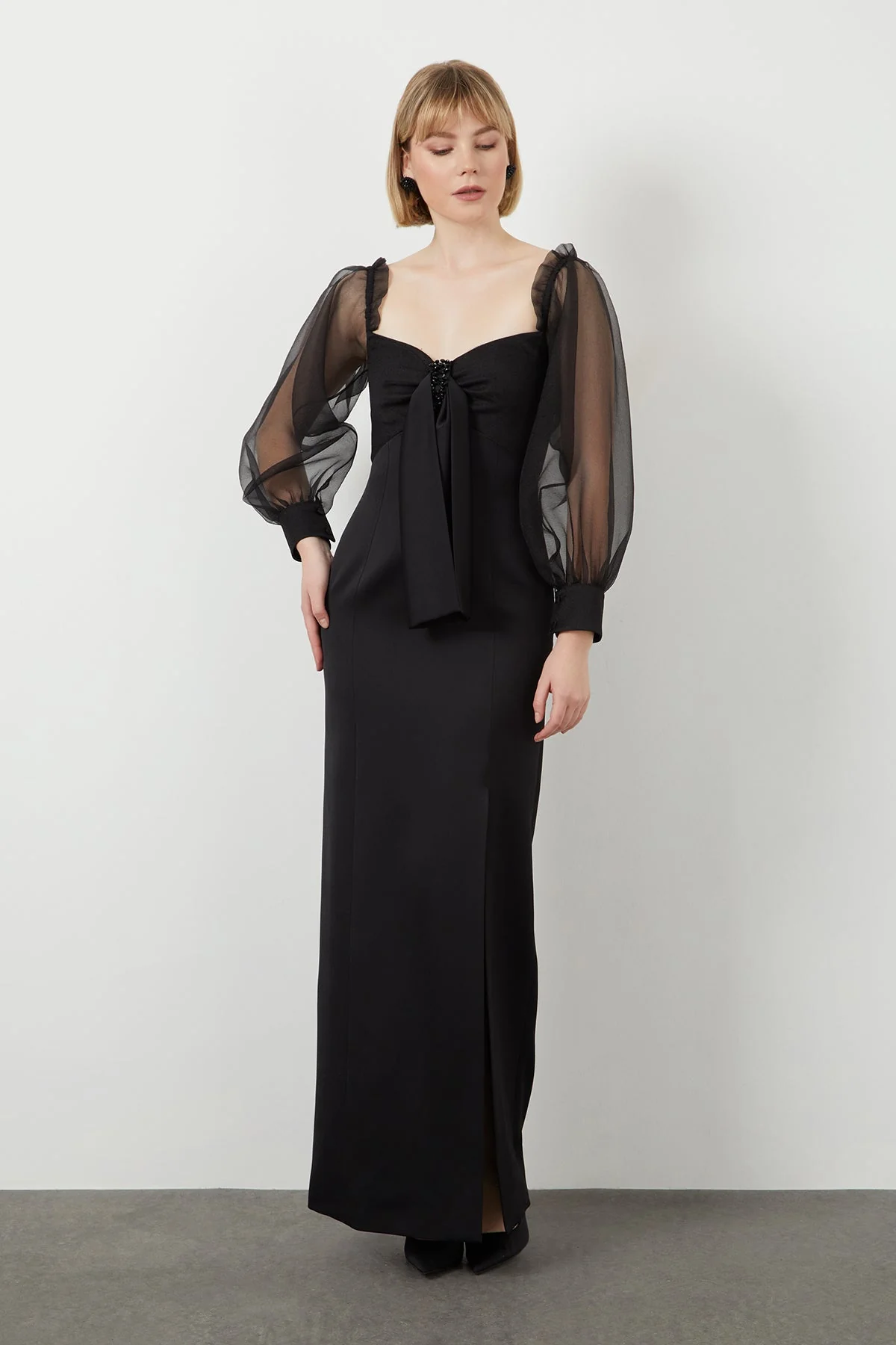 Black Tulle-Sleeve Detail Maxi Dress - Image 2