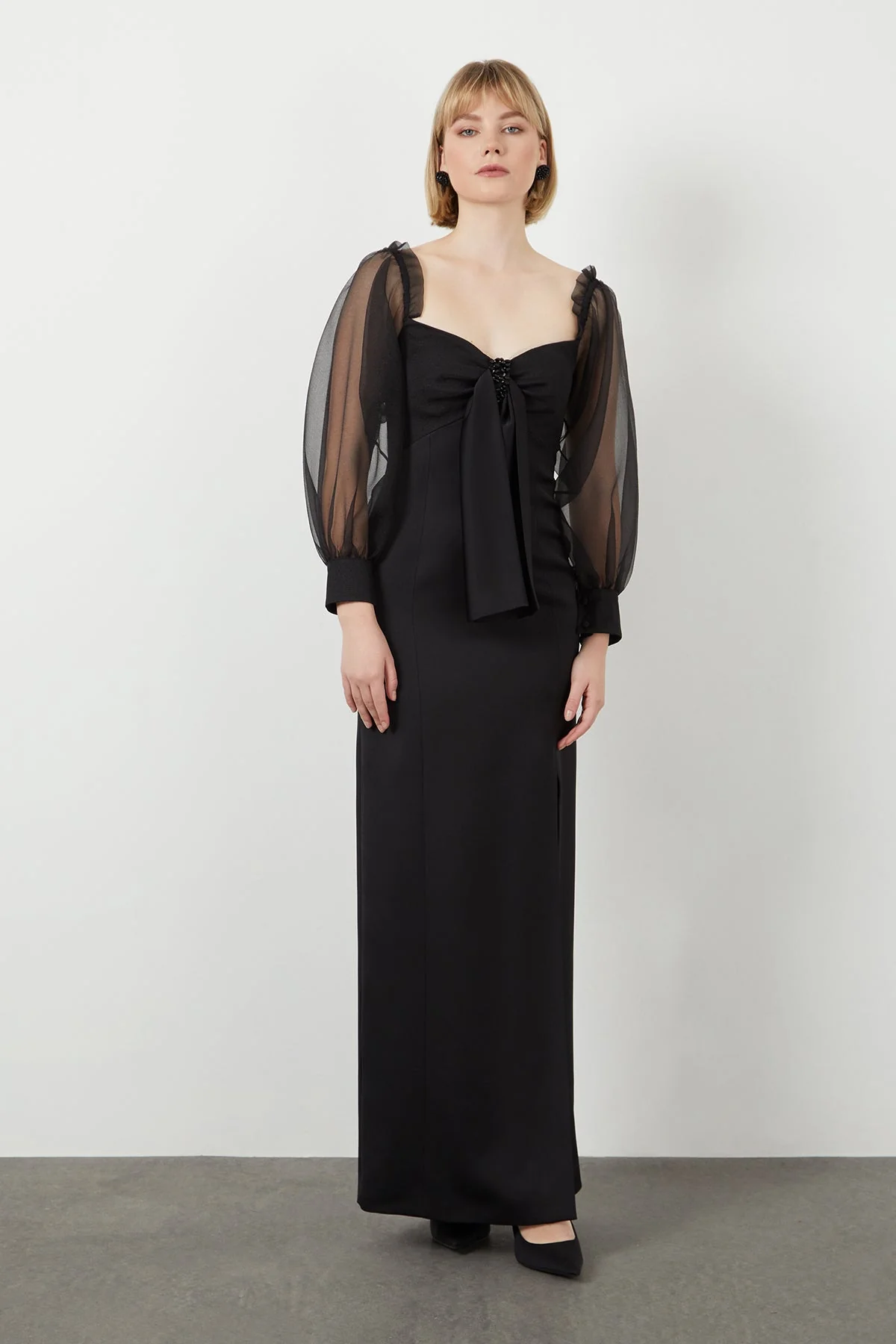 Black Tulle-Sleeve Detail Maxi Dress - Image 3