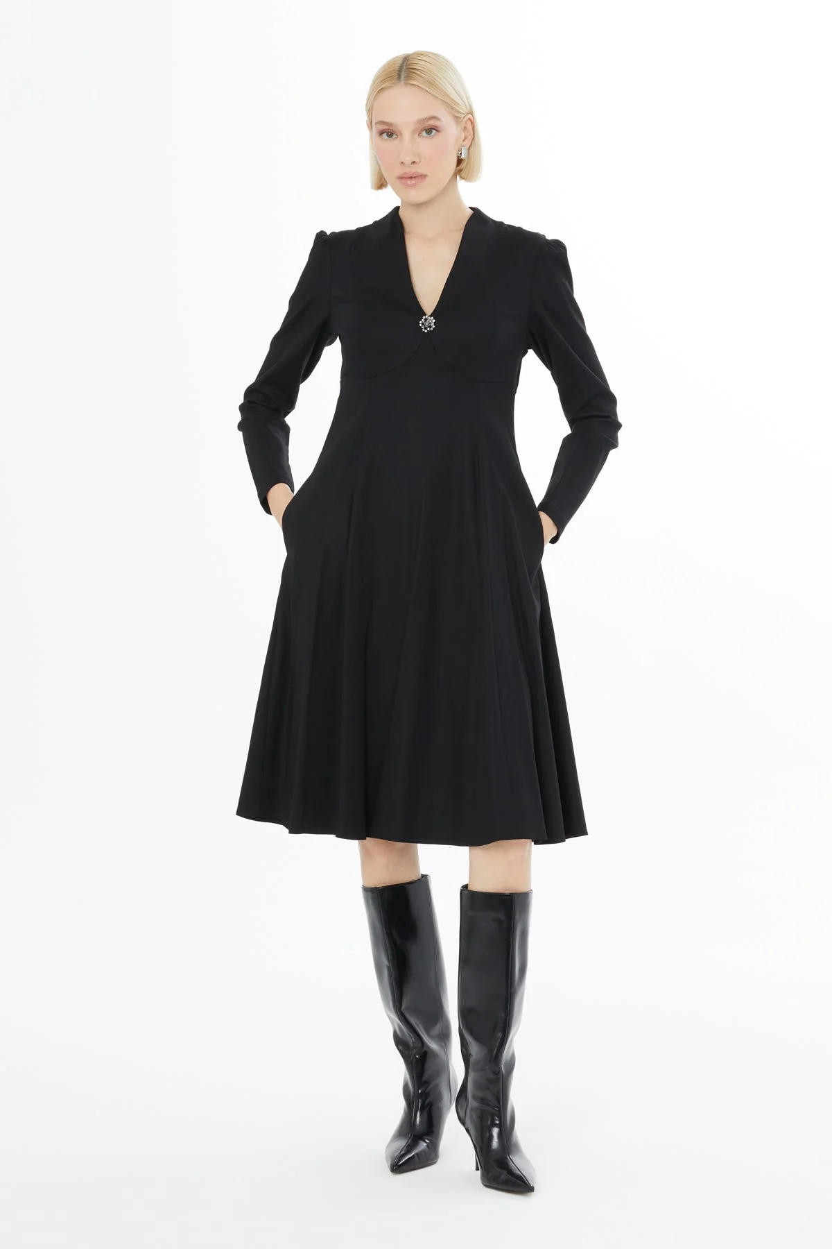 Black V-Neck Midi Dress