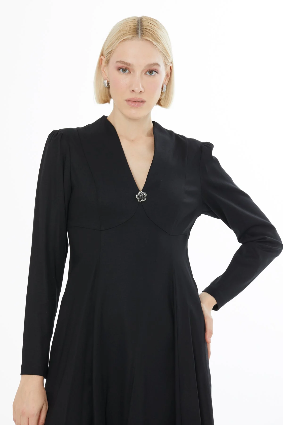 Black V-Neck Midi Dress - Image 2