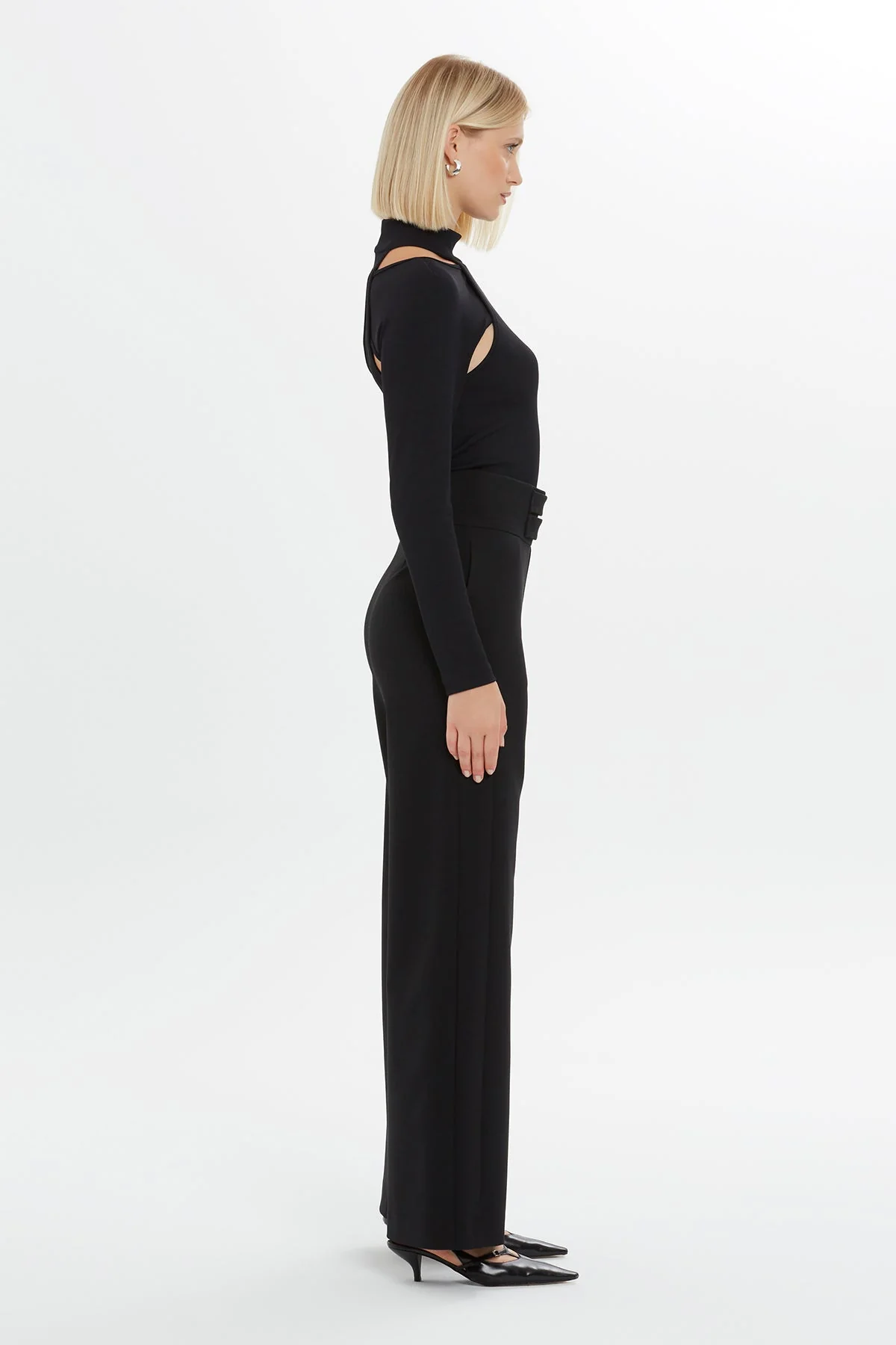 Black Wide-Leg Waist Detail Pants - Image 2