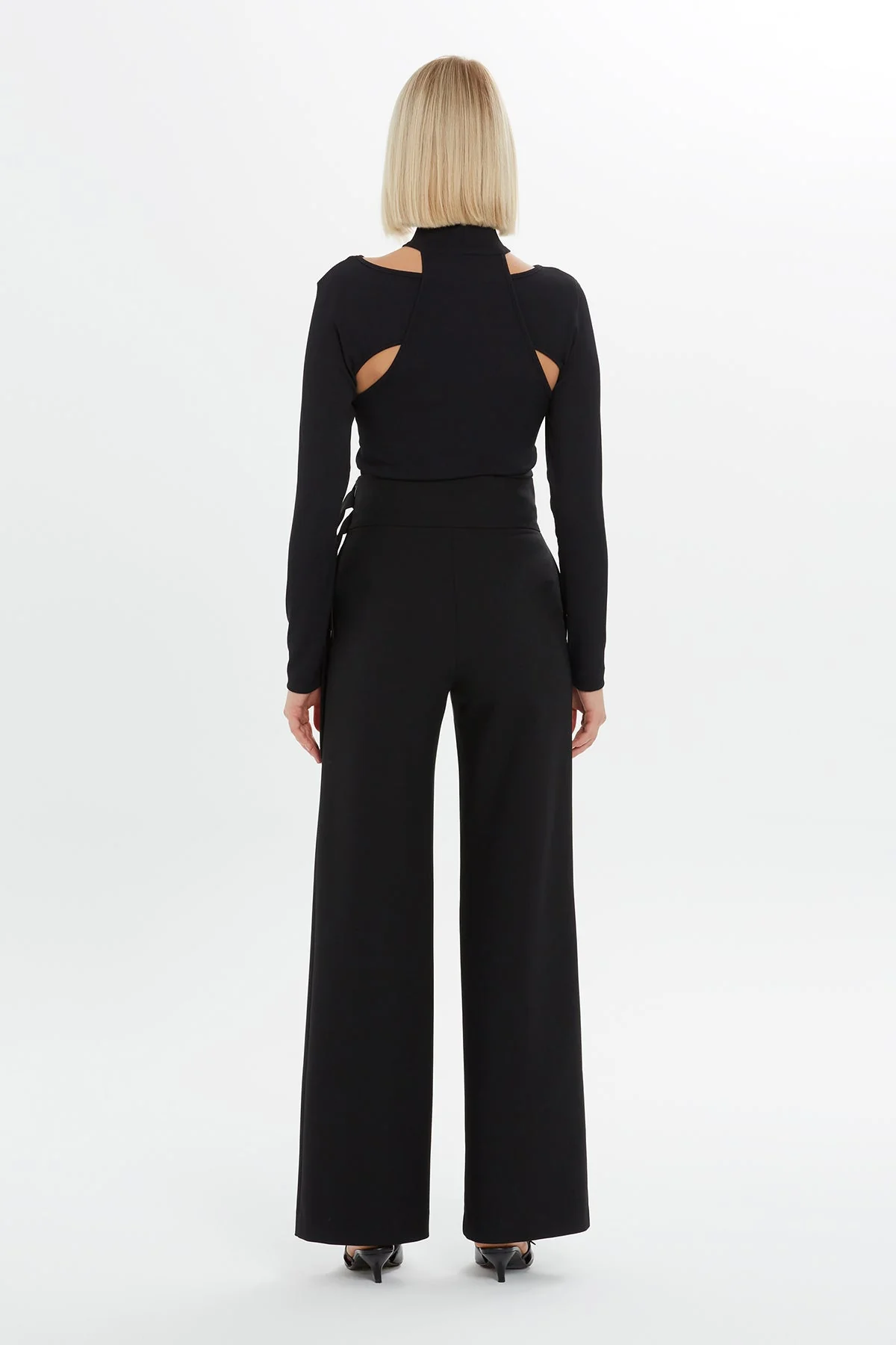 Black Wide-Leg Waist Detail Pants - Image 3