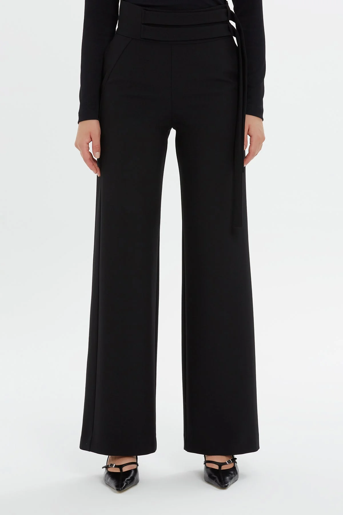 Black Wide-Leg Waist Detail Pants - Image 5