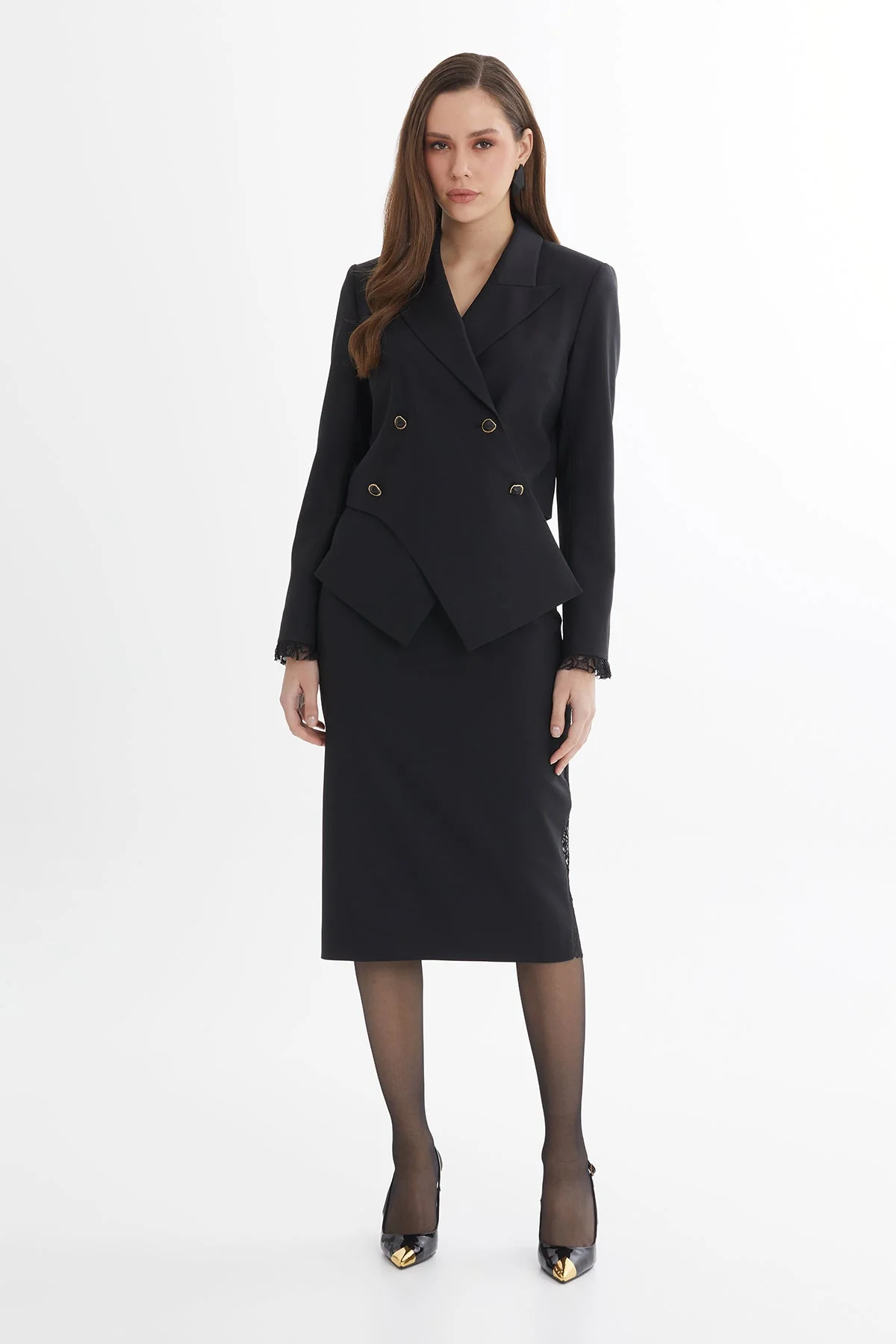 Black Wool-Blend Lace Detail Asymmetric Shoulder-Padded Blazer - Image 3
