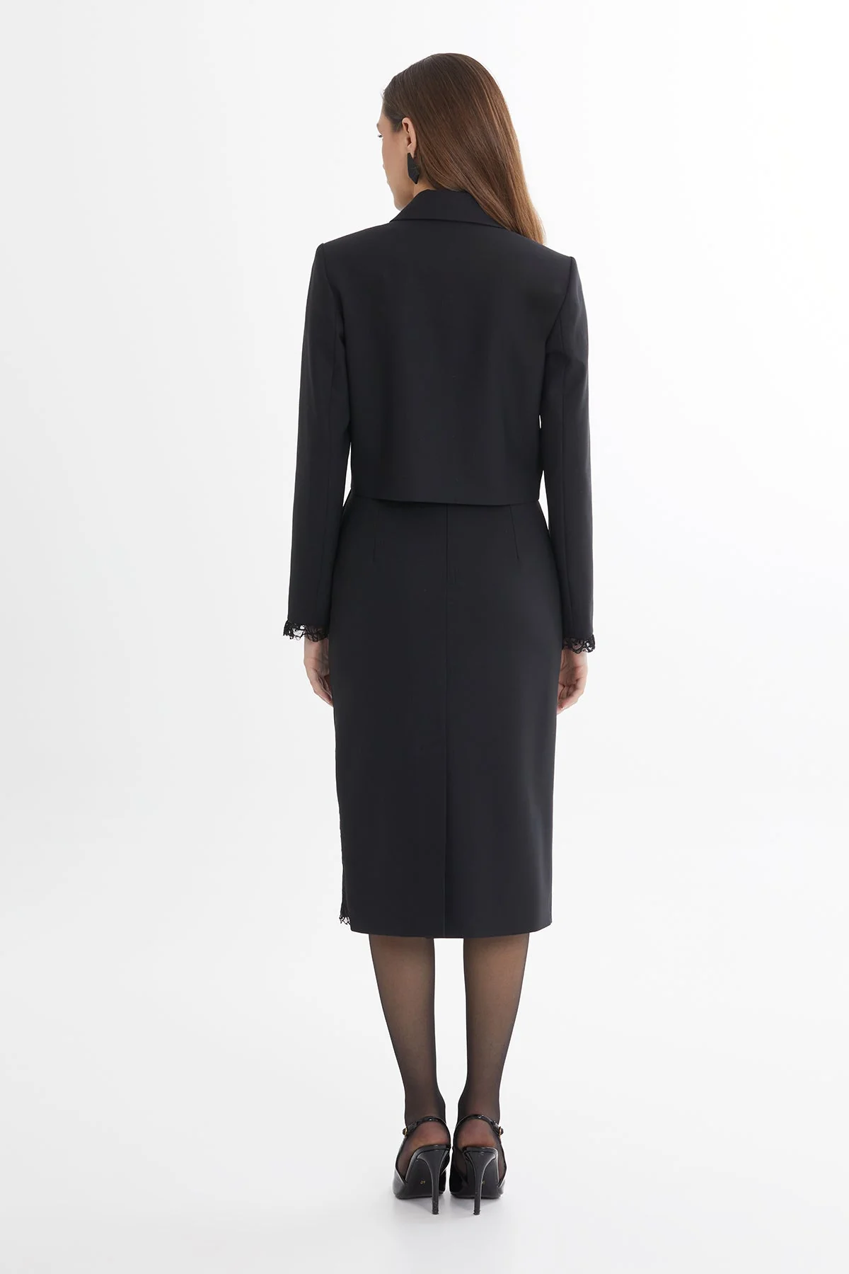 Black Wool-Blend Lace Detail Asymmetric Shoulder-Padded Blazer - Image 4