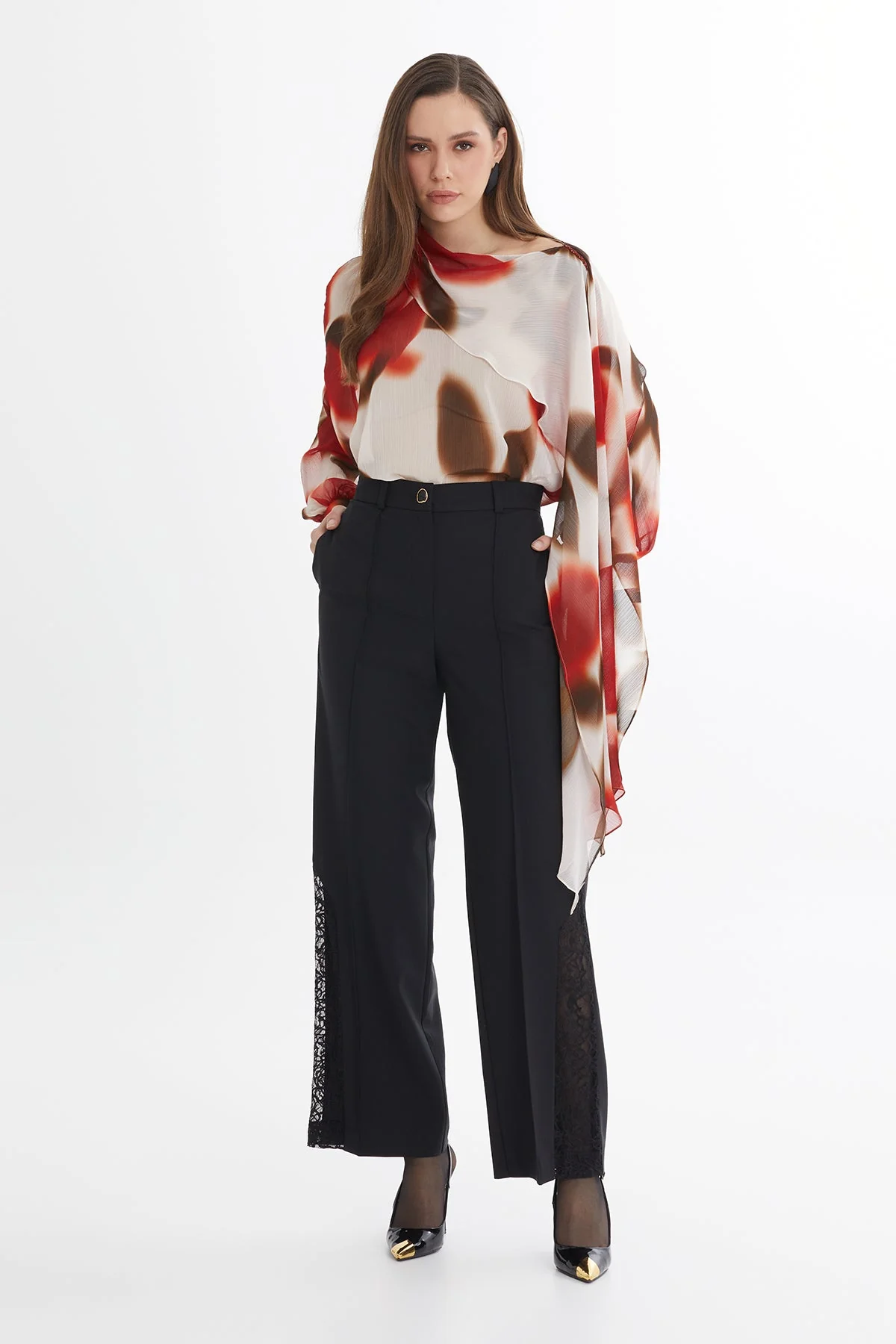 Black Wool-Blend Lace Detail Pants - Image 3