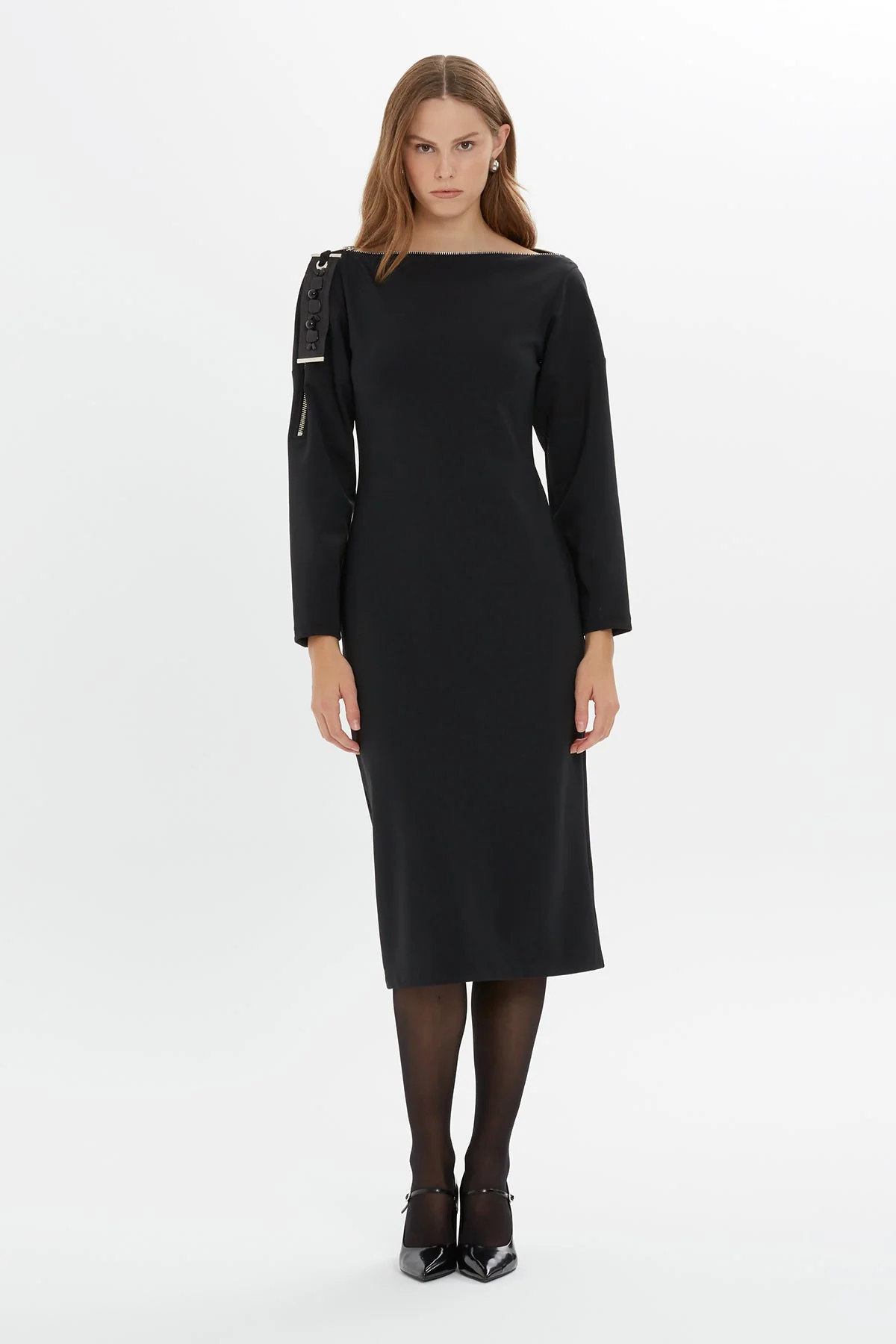 Black Zip-Detail Midi Dress