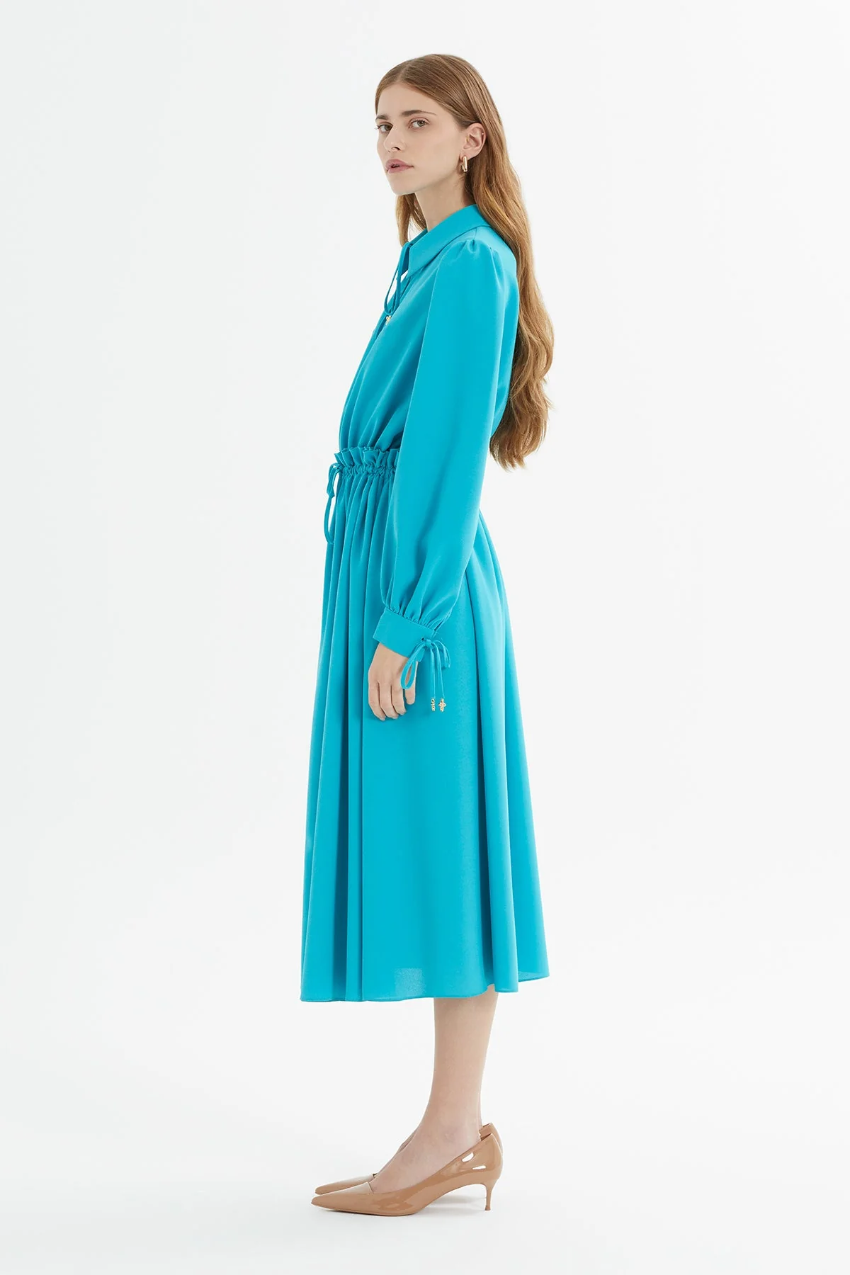 Bleu Midi Dress with Gathered Waist - Image 5