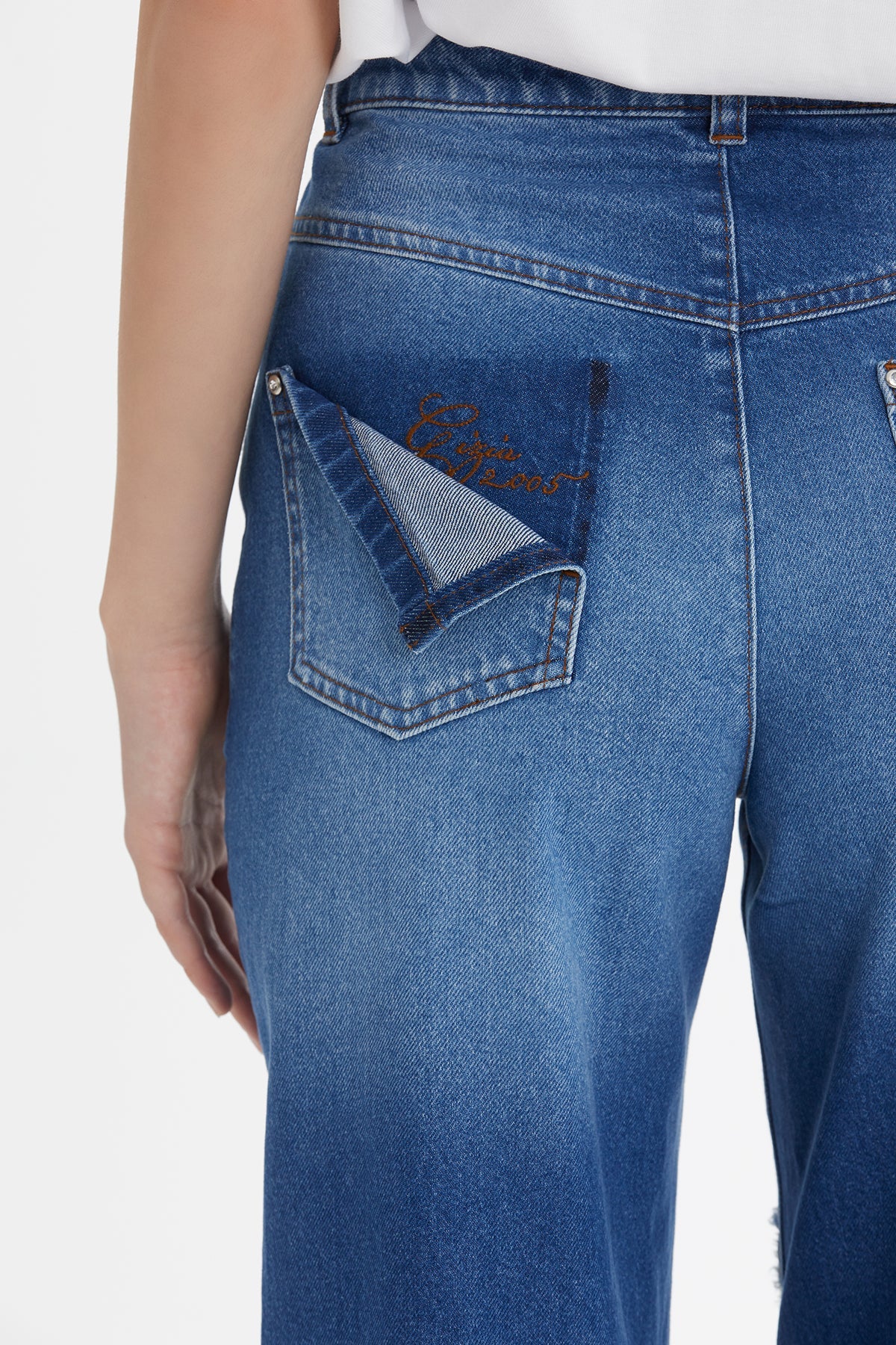Blue Asymmetric Embroidered Denim - Image 4