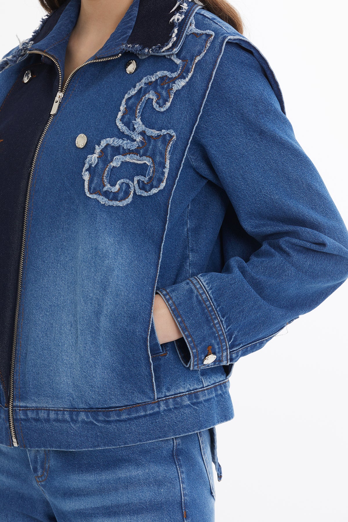 Blue Asymmetric Embroidered Denim Jacket - Image 3