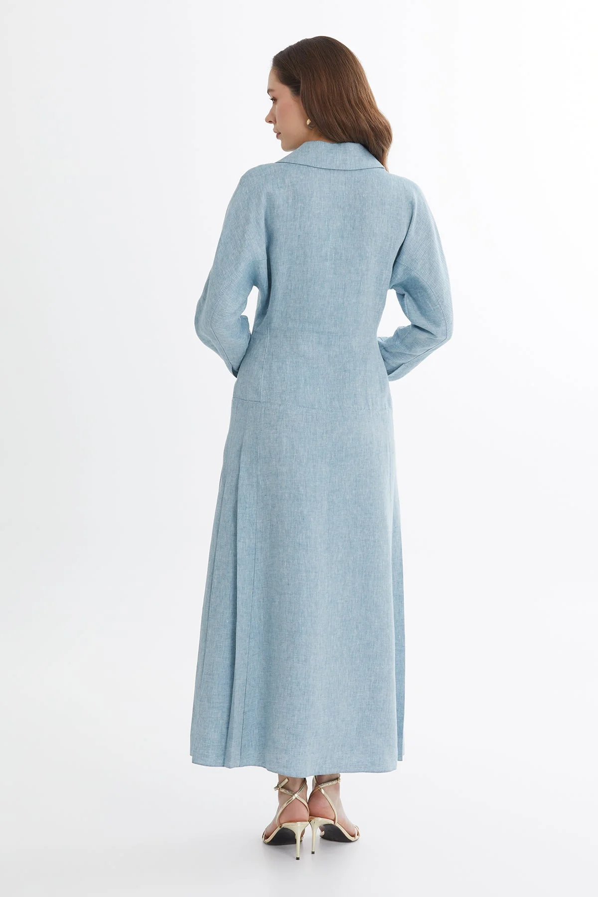 Blue Beaded Floral Brooch Linen Maxi Dress - Image 5