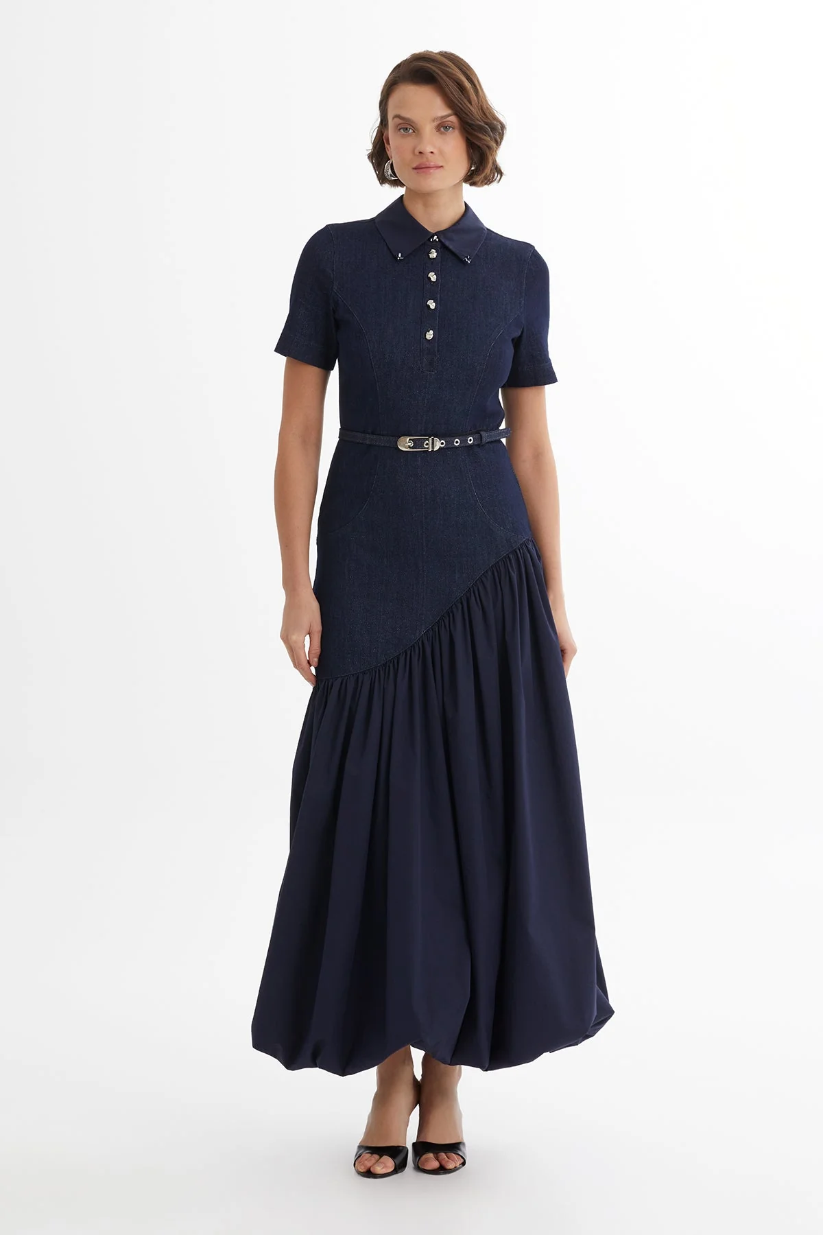 Blue Belted Balloon Skirt Denim Dress