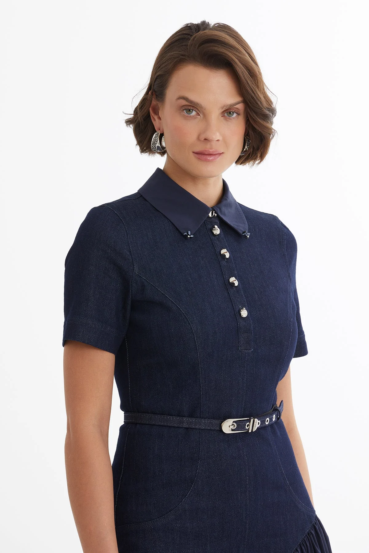 Blue Belted Balloon Skirt Denim Dress - Image 2