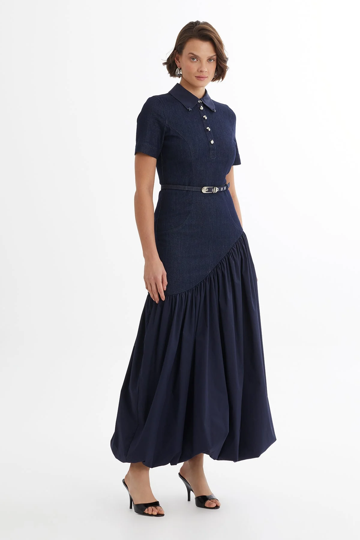 Blue Belted Balloon Skirt Denim Dress - Image 3