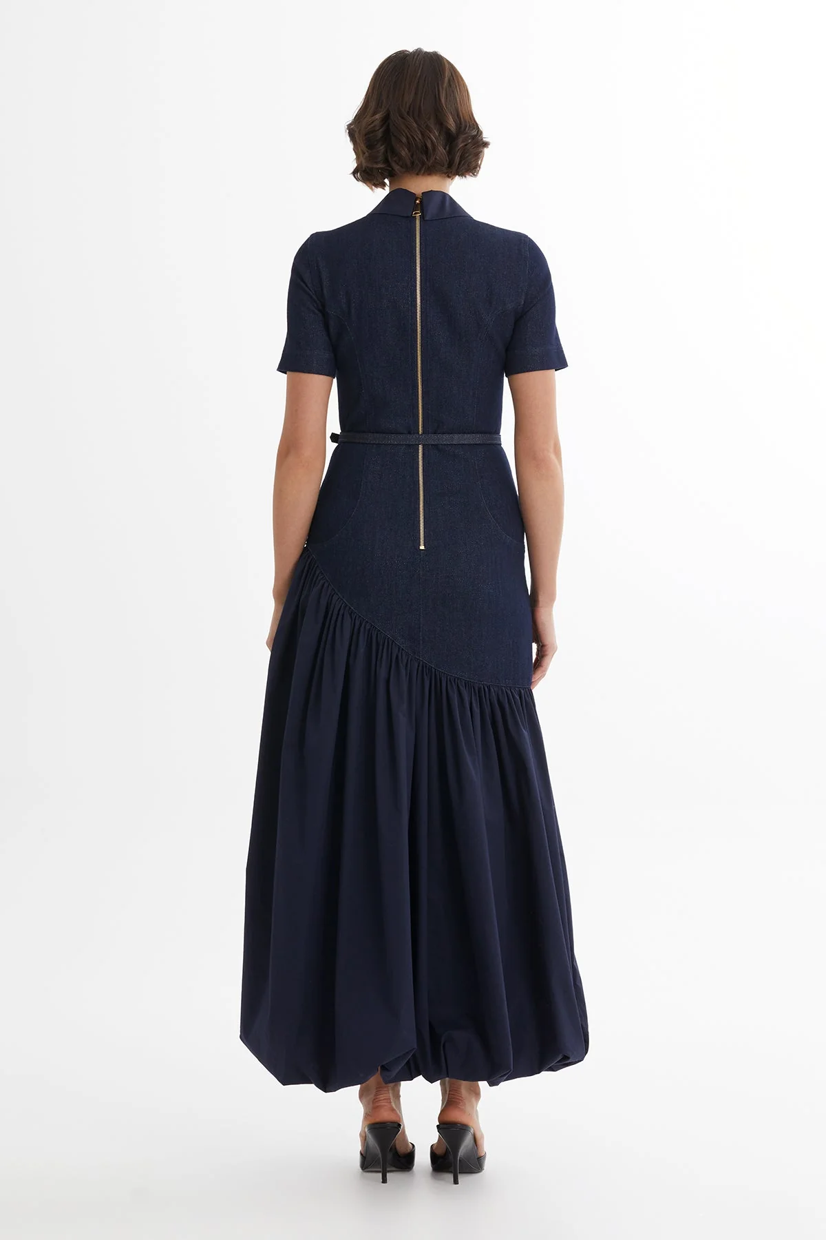 Blue Belted Balloon Skirt Denim Dress - Image 4