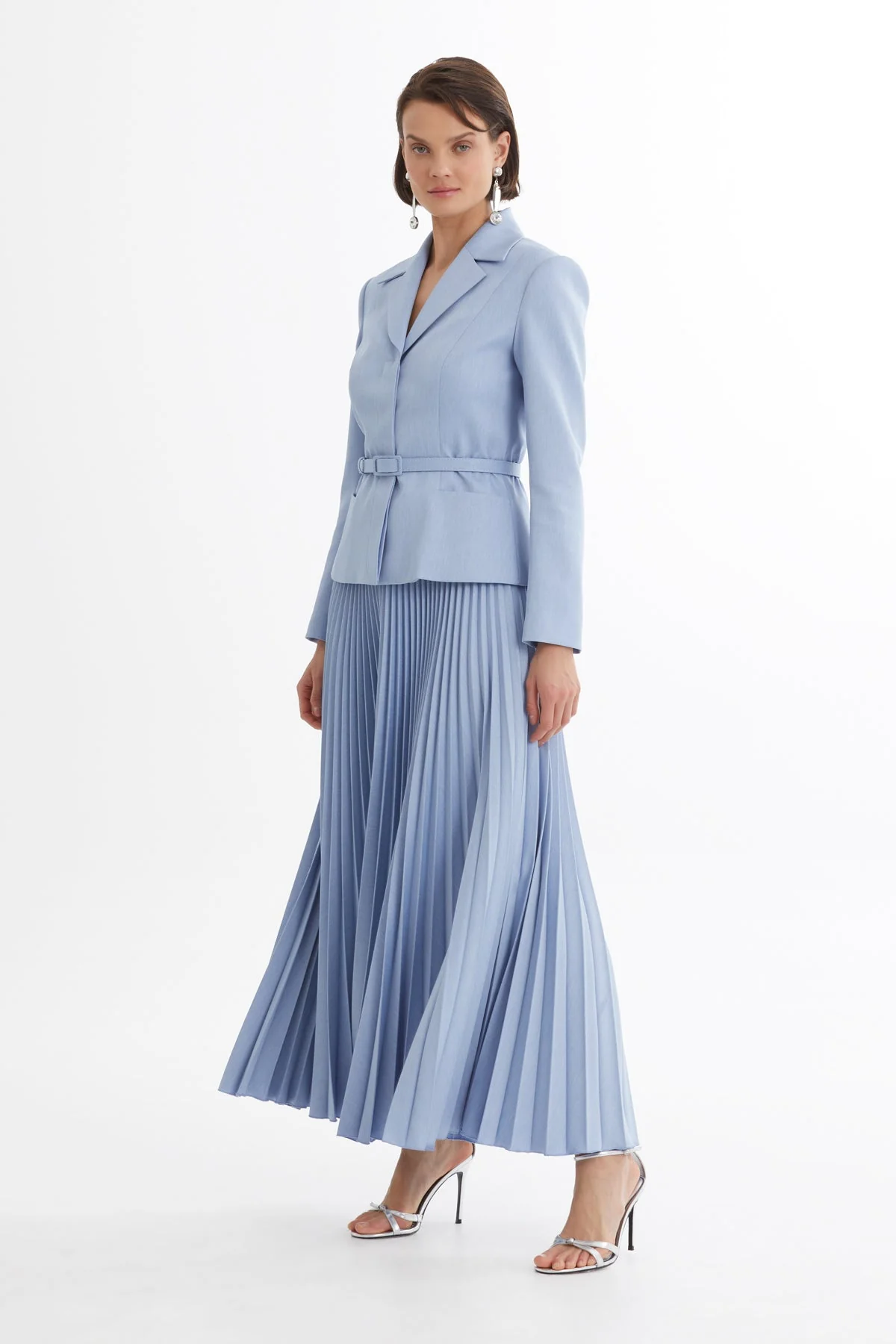 Blue Belted Blazer Pleated Skirt Set - Image 3
