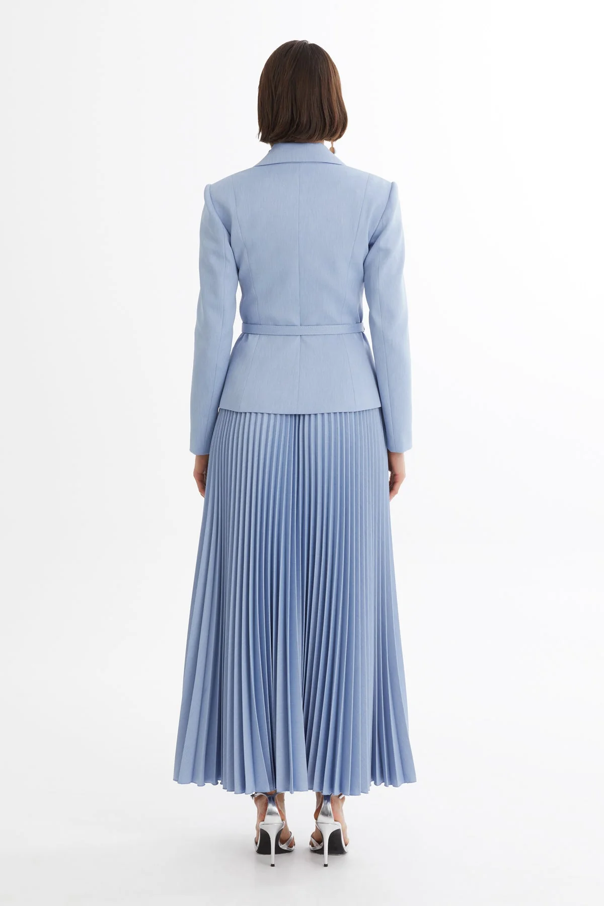 Blue Belted Blazer Pleated Skirt Set - Image 4