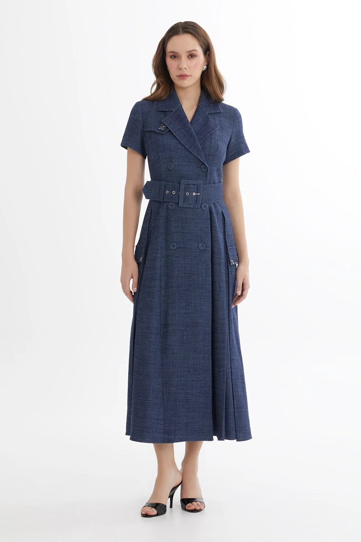 Blue Belted Embroidered Dress