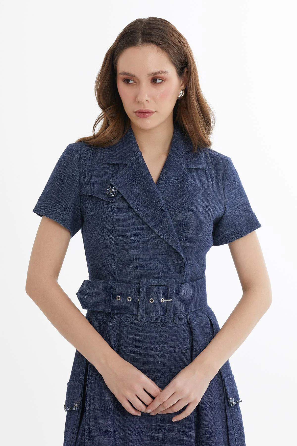 Blue Belted Embroidered Dress - Image 2